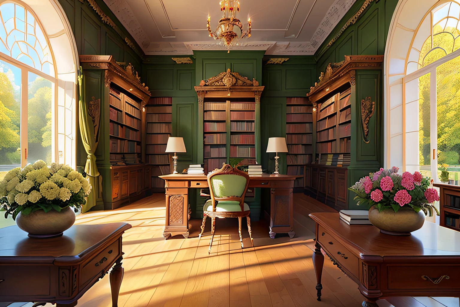 European-style library, Interior design details, Flowers, very green, The sun's rays of light