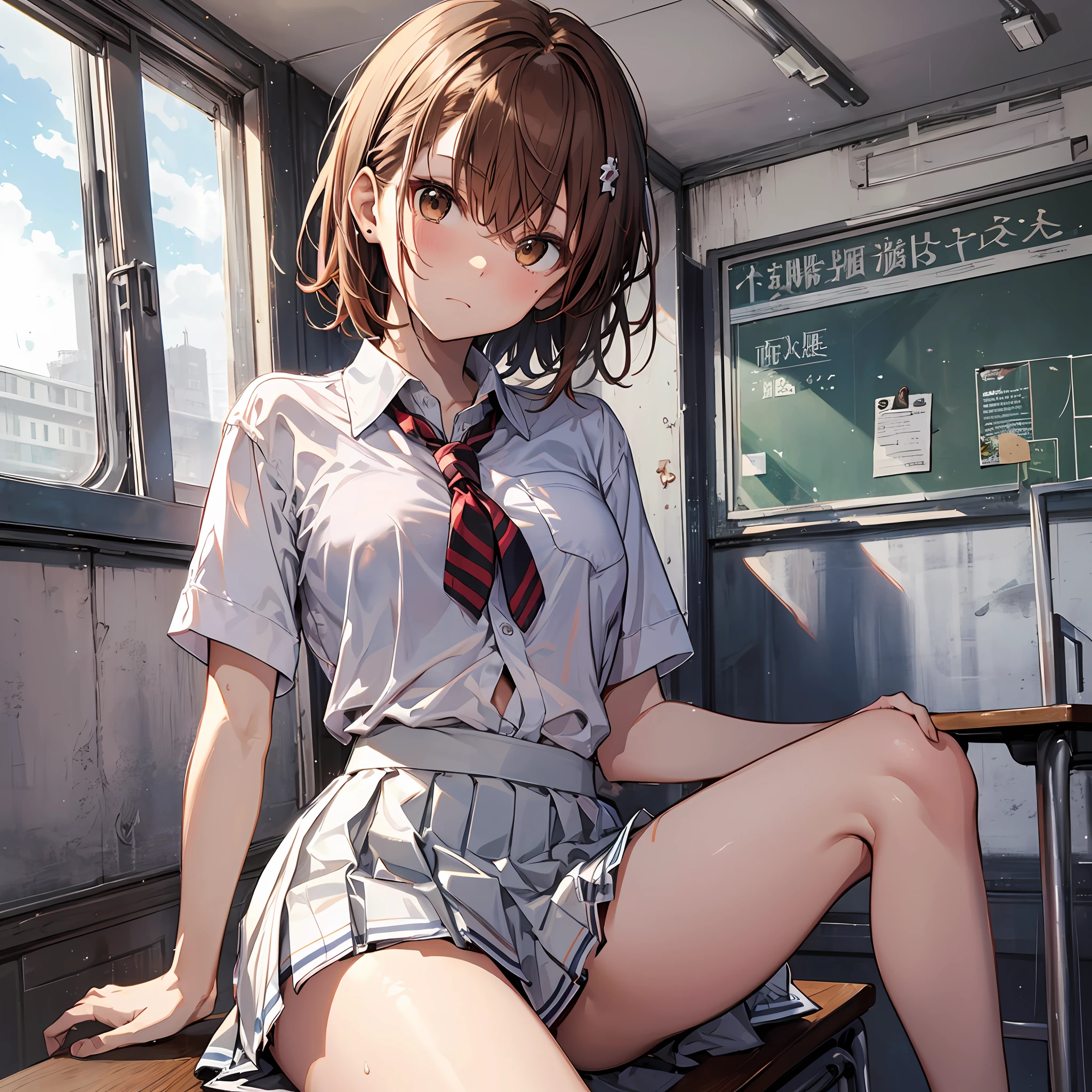 the best qualityt, Misaka_mikoto, brown eyess, Short_hair, Small_Breast, looking at the viewers, 独奏, Closed_Mouth, collars_Shirt, School_uniform, shirts, whited_Shirt, , class room fully body miniskirts Cool look sexypose Sheer lingerie sodden Skirt that can be twisted