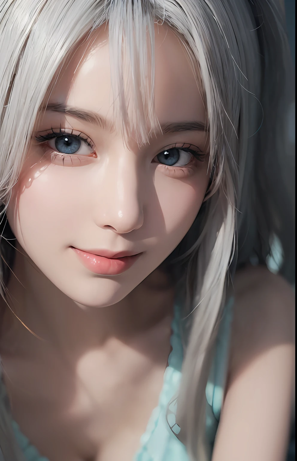 (Ultra Realistic), (Illustration), (High Resolution), (8K), (Very Detailed), (Best Illustration), (Beautiful and Detailed Eyes), (Best Quality), (Ultra Detailed), (Masterpiece), (Wallpaper), (Detailed Face), Solo, One Girl, Viewer, Fine Detail, Detailed Face, In the Dark, Deep Shadows, Low Key, pureerosfaceace_v1, Smile, Long Hair, 46-point oblique bangs, showing the whole body, legs, white hair, sitting