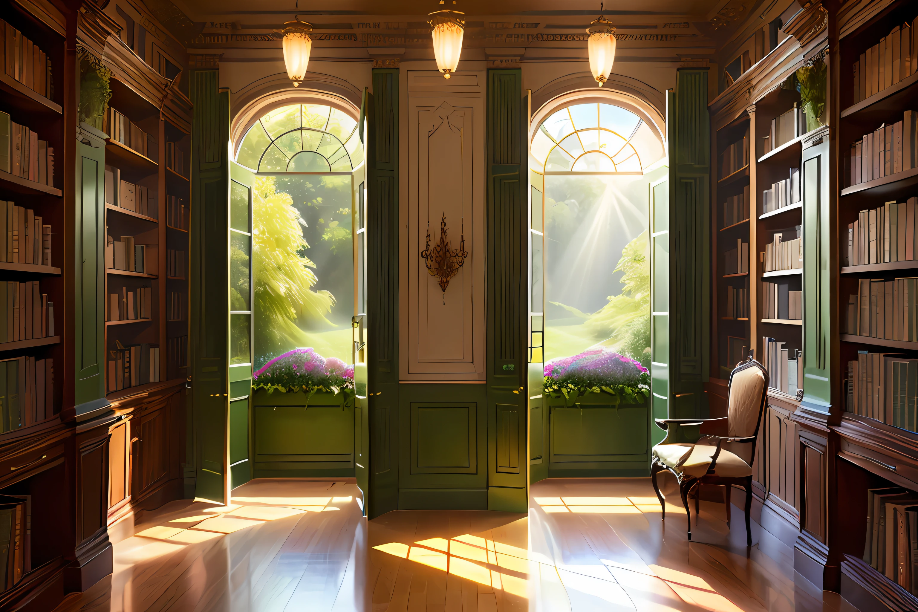 European-style library, Interior design details, Flowers, very green, The sun's rays of light