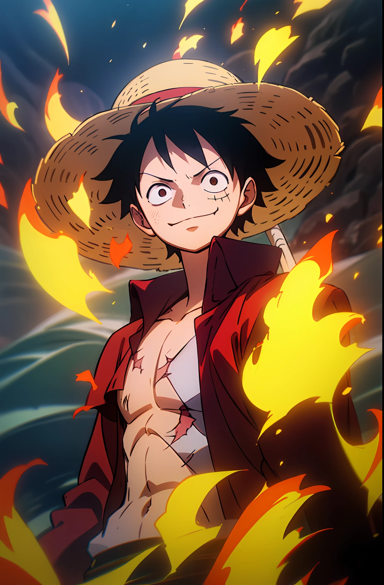 1boys, wanostyle, monkey d luffy, Smiling, Straw hat, look viewer, 独奏, Upper body, ((masterpiece)), (Best quality), (Extremely detailed), Depth of field, sketch, dark intensive shadows, Sharp focus quality, hdr, Colorful, Good composition, There were fires all around, spectacular, Closed shirt, Anime screenshots, Scars under the eyes, getting ready to fight, Dark eyes，deep of field，Sea backgroun，ship，sunrays，Red clothes，big smirk