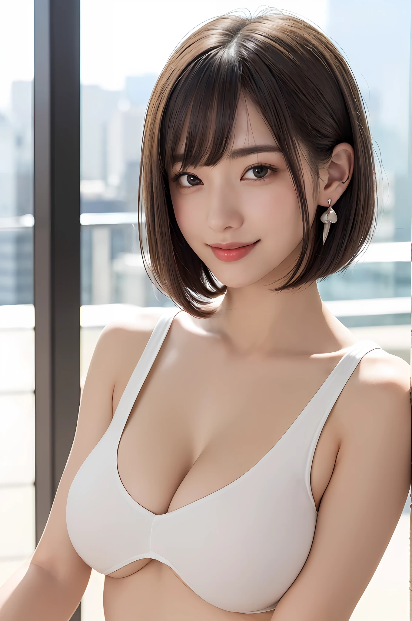 The Masterpiece、best qualiy、ultra-highresolution、(photo realistic image:1.4)、((1girls、White fair skin:1.4、fully body、From Under、Look up at your audience、19-year-old、spotless、a Pretty、blackhair、bobhair、short hair with bangs、Big breasts))、(big boob、pectoral、Catsuit)、(Sorrisos、Happiness、joy、frisky、mouth close)、High detailed eyes、long neck、(((short hair with bangs)))、Lashes、Big eyes、((Very beautiful、Very beautiful))、(((natural day light、Put your ears out、Staring at viewer、Entice your audience、Burst breasts、Highlights in the eyes)))、night、rooftop、the met、night scene