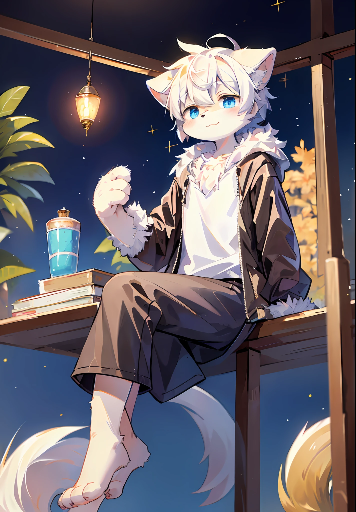 (masterpiece:1.3), (2D:1.0), (anime:1.0), (illustration:1.0), (sharp:1.2), (hard light:1.0), (shadow:1.0),(reflection, refraction:0.8), (light, dappled light, glare, lens flare, Tyndall effect: 1.0), (sharp, shiny: 1.0), (Best Quality: 1.2), (Ultra Fine: 1.0), (Extremely Complex: 1.0), (Blurred foreground, Cinematic Light, Ray Tracing: 1.1), (bright_colors, dark_intense_shadows: 1.1), (Impasto, Colorful: 1.2), (warm_light_from_below, glow_white_ particles:1.1),(Ensemble_Stars! _\(style\):0.95). wolf_boy,anthro,uploaded_on_e621,solo,upper_body,cowbow_shot,male_focus,furry_kemono,furry_male,cub,young_male,bishounen,11_years_old,kawaii,cute,fancy,fragile,cool, handsome. detailed_fluffy_fur,tuft,(white_fur,body_fur,oil_skin,skin_with_fluffy_fur:1.3),animal_nose,animal_ear_fluff,fluffy_paws,pawpads,animal_hand,fluffy_big_tail。 Blue clothes, (hoodie: 1.5), hairy, short male hair, white hair, blue eyes, closed eyes, bangs, shut up, smile, light blush, (feet apart, sitting, beckoning: 1.2), looking at the audience. (night, starry_sky, crescent_moon, star_\(sky\), gem, plant, star_\(symbol), sparkle), outdoor, landscape.