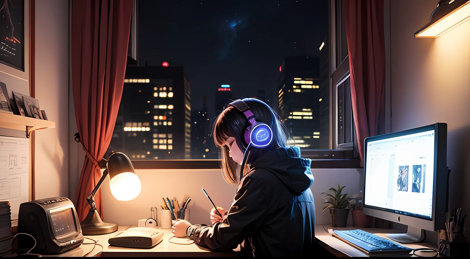 A female、1 person、90's anime style、night、studio、kk、Girl wearing headphones、Late Night Room、Listening to music alone、City Pop、Low image quality、Lo-Fi、Chill、late evening、Rooms for single people、Dark room、Outside the window is a night view of the near future、cyber punk、studio 、Work on a computer、Room of junk、Sad atmosphere、Beautiful night view、neon、headphones --auto