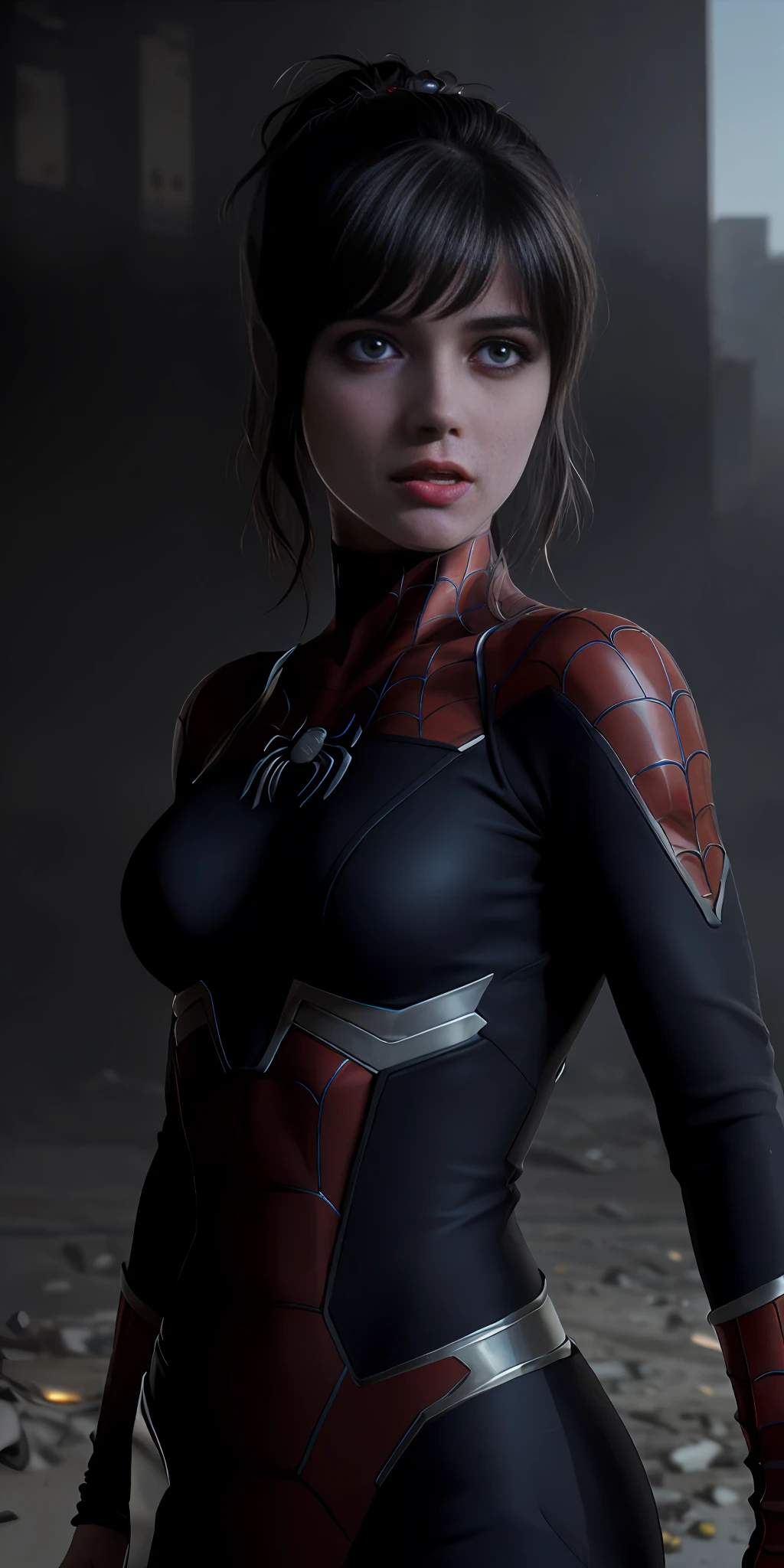 (1girl:1.3), solo, (((extremely detailed face))),(((extremely detailed eyes and face))),beautiful detailed eyes,body-parts__, official art, unified 8k wallpaper, super detailed, beautiful and aesthetic, beautiful, masterpiece, best quality, raw, masterpiece, super fine photo, best quality, super high resolution, photorealistic realism, sunlight, full body portrait, amazing beauty,, dynamic pose, delicate face, vibrant eyes, (from the front), she is wearing a Spider-man suit, red and black color scheme, spider, very detailed abandoned warehouse background, Detailed face, detailed complex busy background, messy, gorgeous, milky white, highly detailed skin, realistic skin details, visible pores, sharp focus, volumetric fog, 8k uhd, DSLR, high quality, film grain, fair skin, photo realism, lomography, huge metropolis in future dystopia, seen from below, translucent