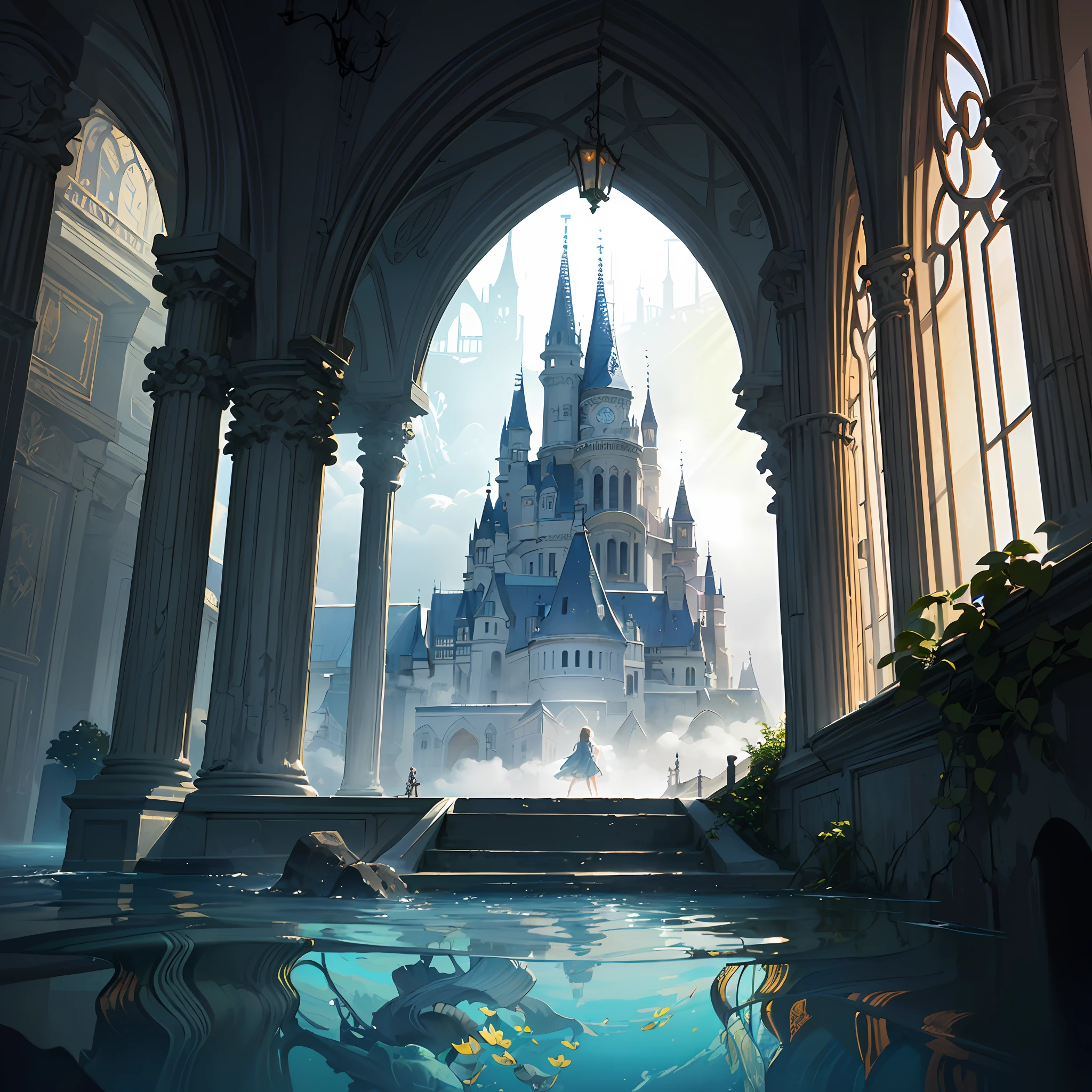 (extremely detailed,masterpiece,best quality,best illustration,High-model CG palace architectural drawing,A ruined scene submerged by water),(Strong theme,The angle looks very open,Sunlight is shining right above),(Scene detailing:The transparent palace is shining with sunlight(create an sunny atmosphere),Dense foliage around the perimeter,Occasionally a few translucent elves haunt the corners of the palace,The water around the palace shimmers),watercolor(Sea of fog effect,Generate reflections and colors in water),Lighting and lens effects optimization(Optimize visual effects,It creates a rich and full scene atmosphere)。 --auto