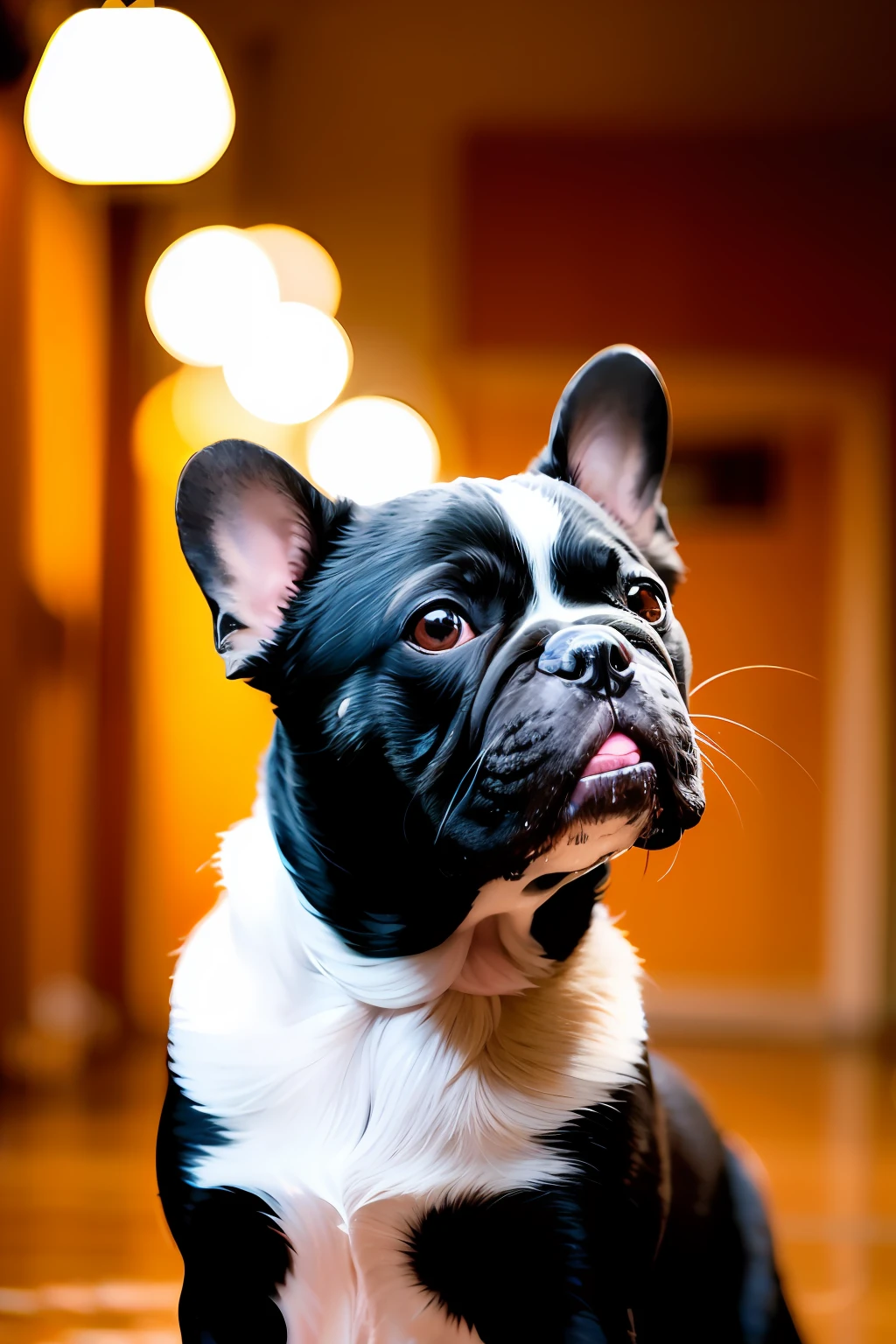 Realistic portrait of a cute French bulldog, linda sonrisa, ((gracioso)), black background dark lighting, Yellow neon, primer plano, vista del producto, detalles faciales detallados, Cara perfecta, nitidez, tendencia en las artes, sharp facial details, CGSociety, ilustraciones digitales de ultra alta calidad, exquisito hiper detalle, 4k, 8K soft lighting, Dreamer --ISO 100, moda -