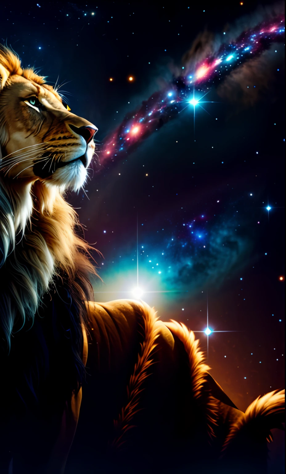 a photograph Galaxies, spirals, space, nebulae, stars, smoke, iridescent, intricate detail, in the shape of a lion, octane rendering, 8k hyper realistic, realistic texture, unreal natural lighting engine, cinestill 800, (35mm lens)