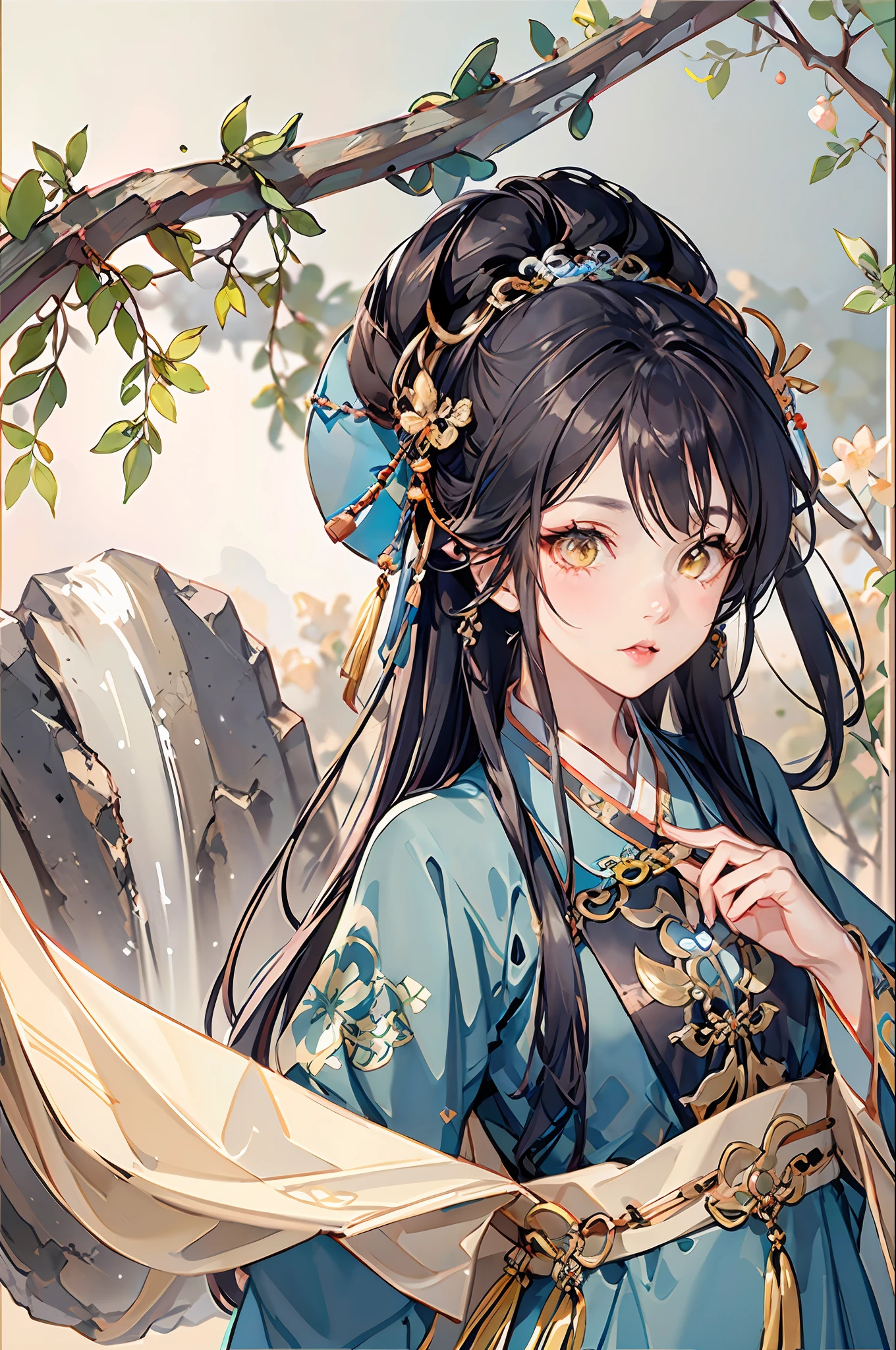 best possible quality,complicated detail,high - resolution,(beautifuldetailedwater:1.4),(Hanfu,Tang Feng),Yellow eyes,Put your hands behind your back
