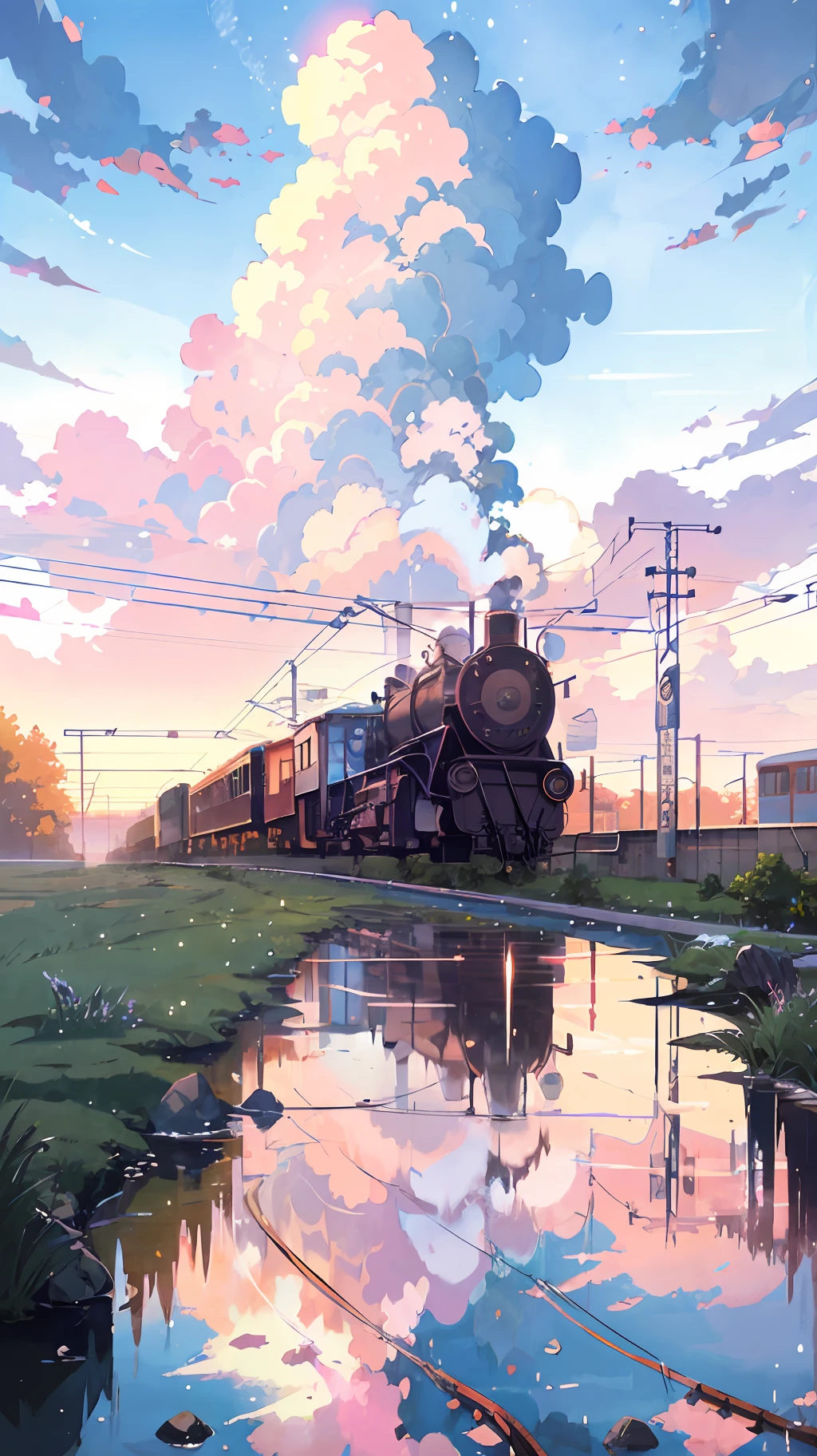 Anime train on tracks through body of water, image by Makoto Shinkai, pixiv, concept art, lofi art style, reflection. Enhanced detail, perfect picture quality. by makoto shinkai, lofi art, beautiful anime scenes, anime scenery, detailed scenery—width 672, in style of makoto shinkai, style of makoto shinkai