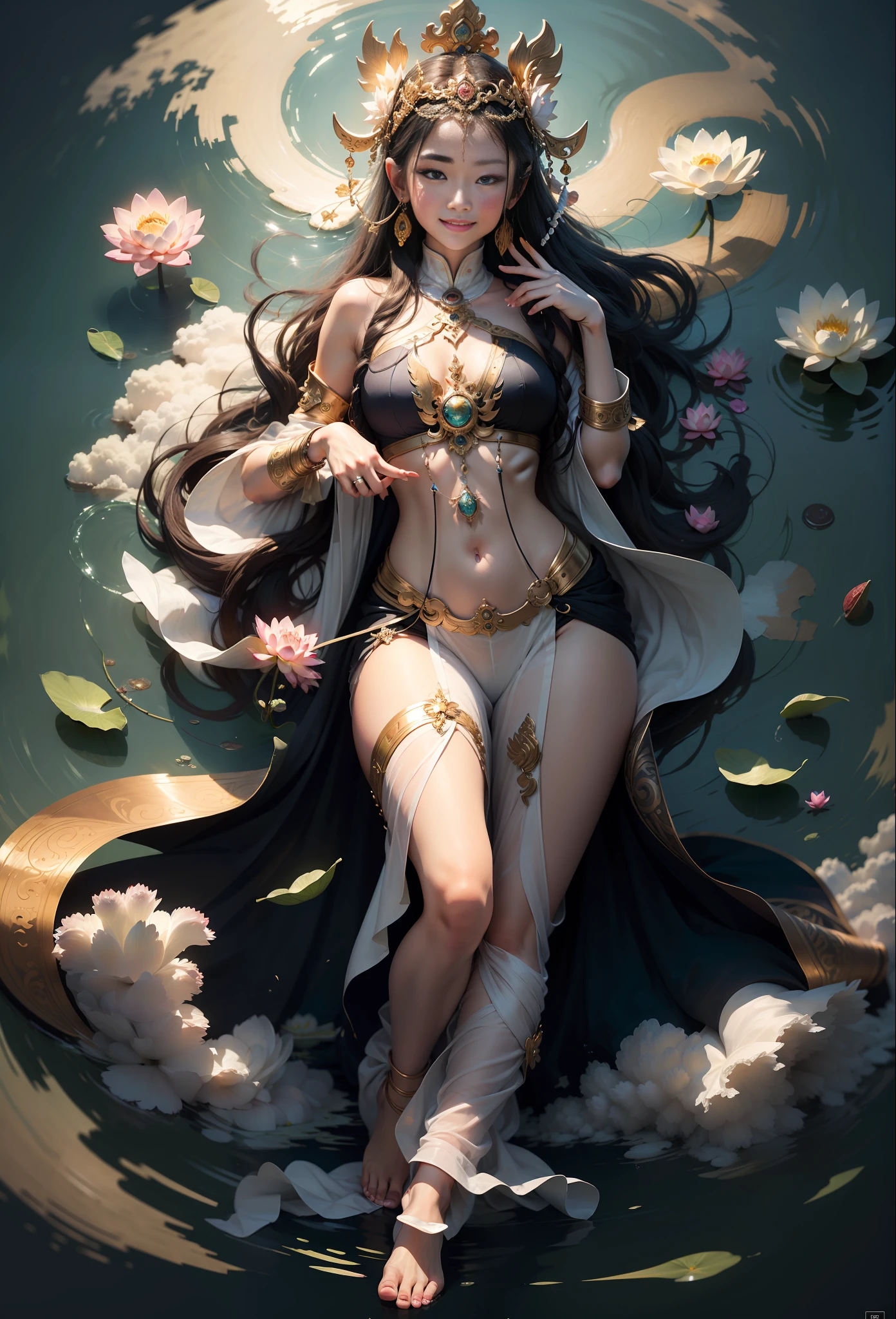 The Masterpiece,ultra-highresolution,The beautiful goddess Bodhisattva stands above the white clouds,Lotus in hand,The corners of his mouth smile slightly,Yingluo,Barefoot,Ultra-thin transparent clothing band,Light and flowy,The light is soft, bright and natural,Clean picture,The background is a flat sky,Photographic effects,superclear,