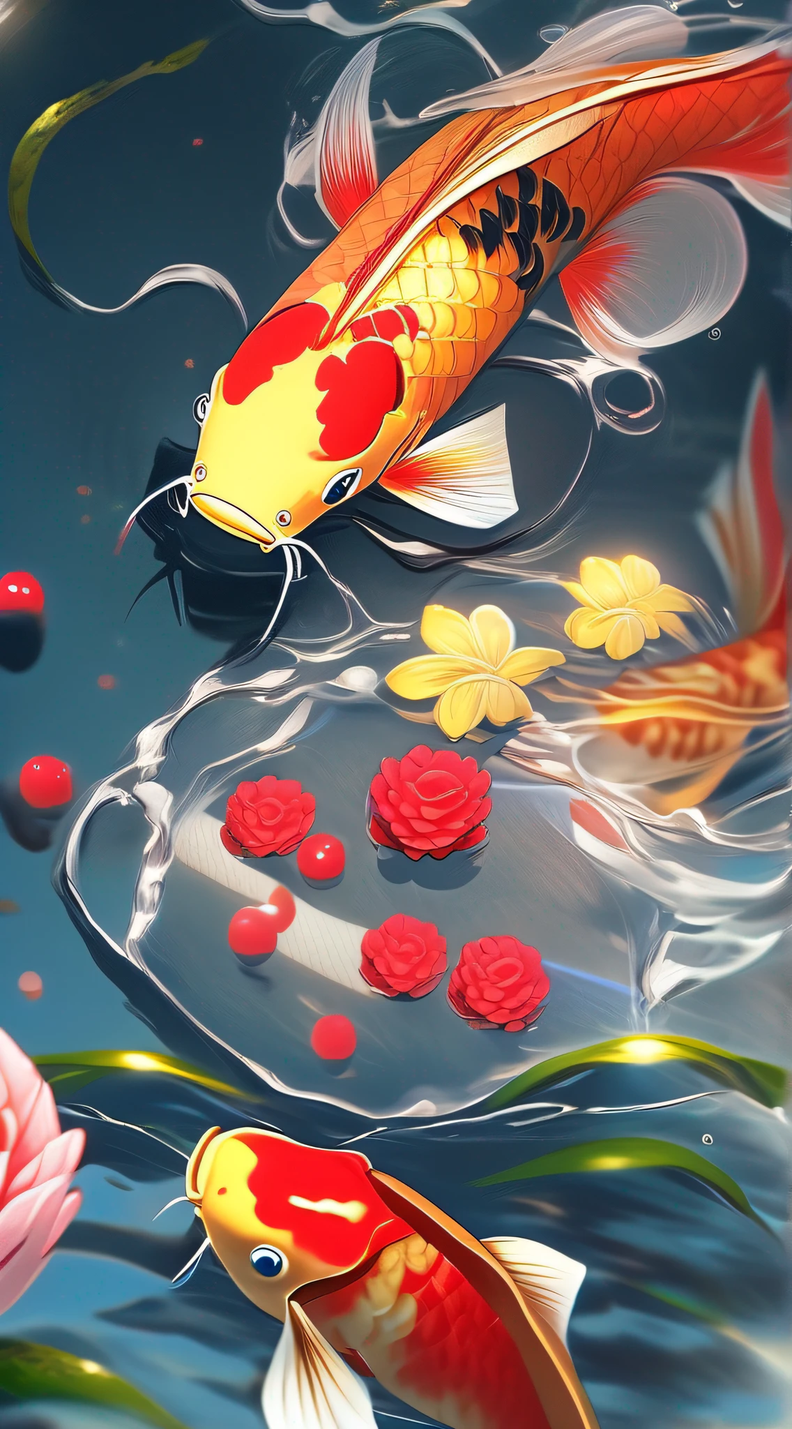 Koi,Realistic golden yellow big koi,Perfect swimming,Dynamic photography。a bird's-eye view。Red peony,独奏,lilie,Underwater,Underwater,Under water,water droplet,Water,transparent,The ultra-Realistically,CG Digital rendering,Science fiction,masterece-piece,The ultra-Realistically,it is crystal clear,High-pole color,Advanced composition。Bright。《Sparkling》《Bright》。The perfect color,The light is bright and soft。Diamond-like color,Transparent and translucent。 air bubbles,Bubbles,foam,coral,Red coral