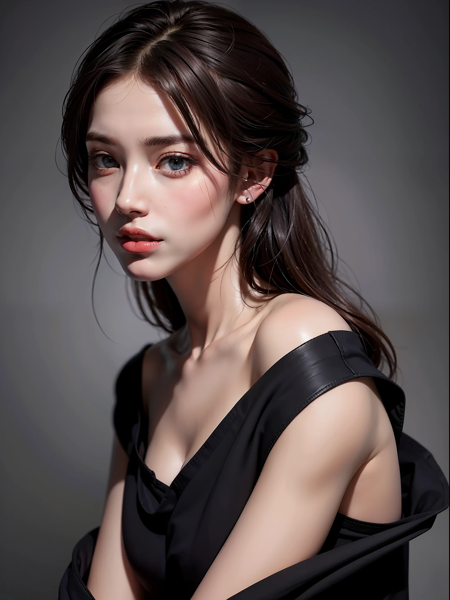 Best quality, masterpiece, ultra high res, (photorealistic:1.4), raw photo, 1girl, offshoulder, in the dark, deep shadow, low key, cold light