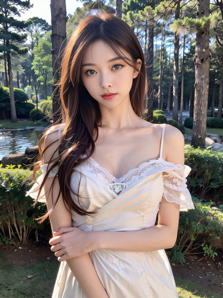 ，masterpiece, Best quality，8K, ultra-highresolution，(beautifull eyes:1.5)， ((Medium view，Upper Bust:1.5))，In a quiet forest，Sunlight shines on the lake through the dense foliage，Form mottled shadows。A gentle goddess stands by the lake，She wore a soft white dress，Long hair flutters in the wind。