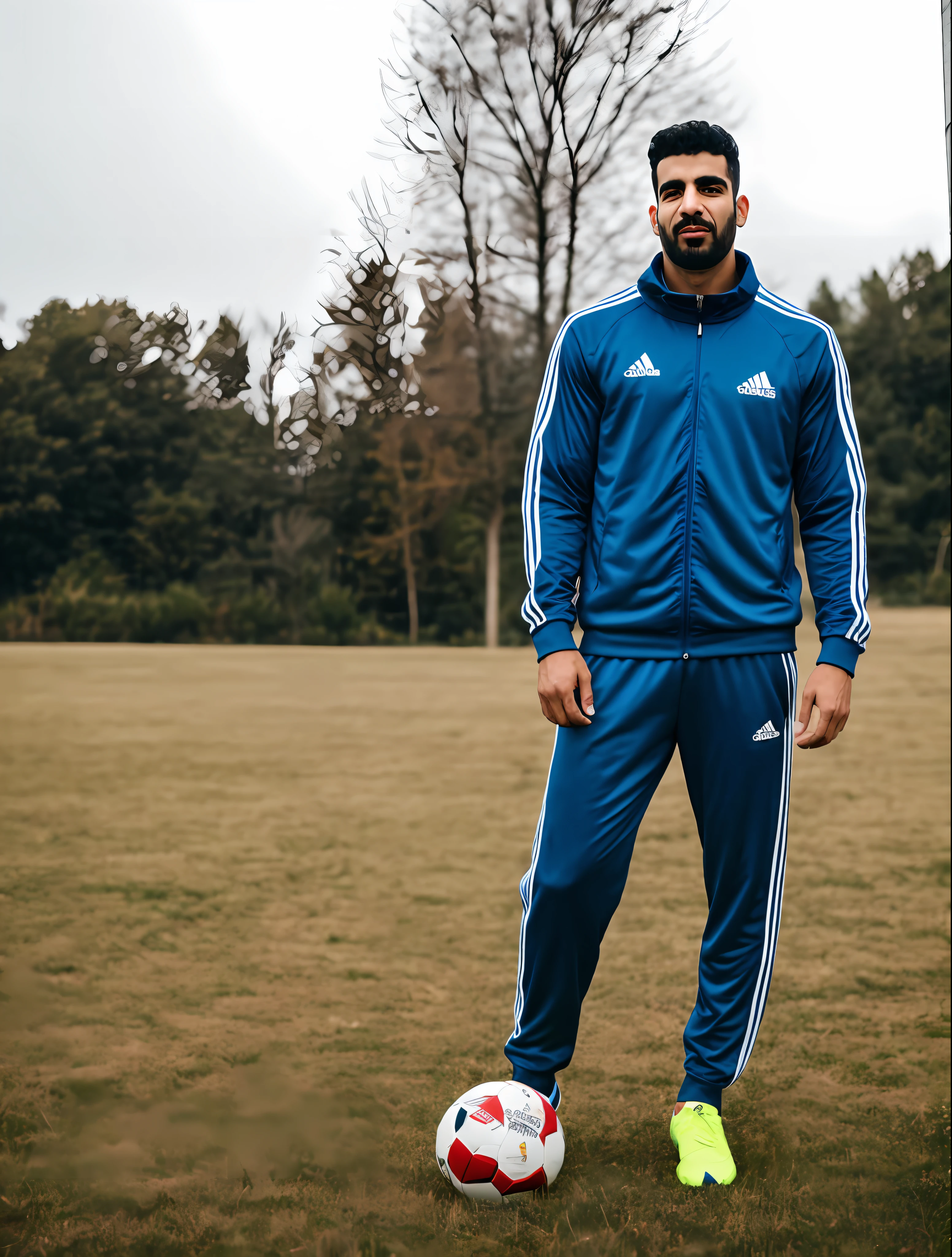 arafed man standing in a field with a soccer ball, wearing track and field suit, chappie in an adidas track suit, mohamed chahin style, 🕹️ 😎 🔫 🤖 🚬, full body photogenic shot, mohamed chahin, wearing a track suit, mid shot portrait, full body picture, 🤬 🤮 💕 🎀, with a cool pose