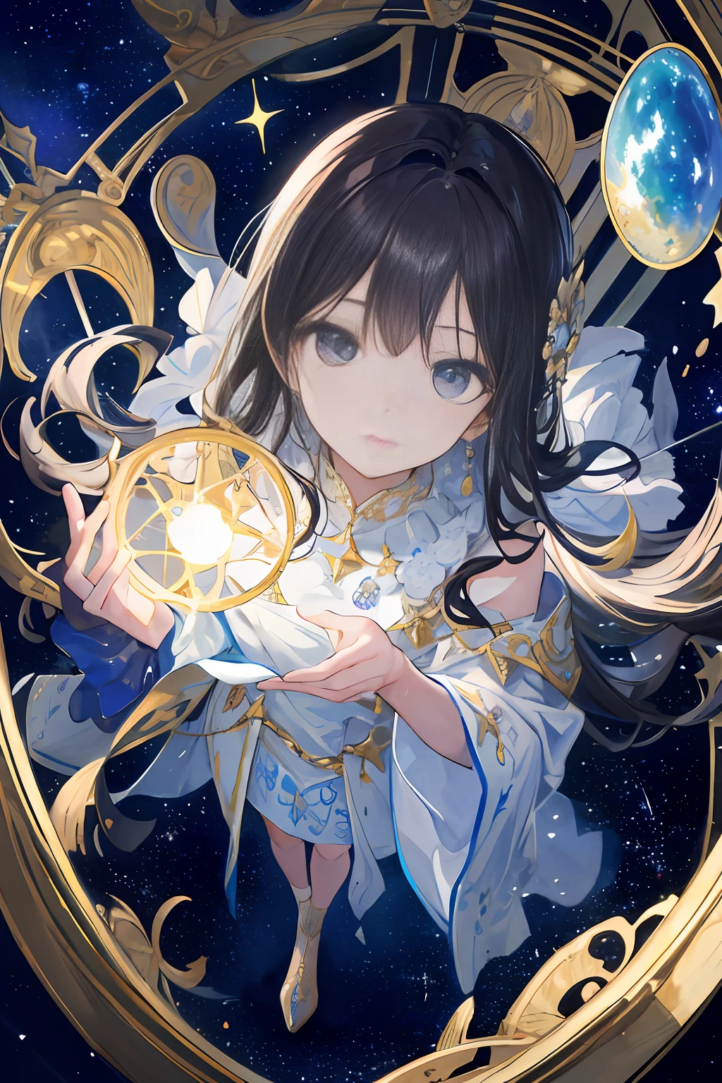 (Masterpiece: 1.2, highest quality), (Best lighting, very delicate and beautiful), (Best lighting, very delicate and beautiful), (Beautiful detailed face), (Detailed eyes and detailed face: 1.2), highest quality, ultra high resolution, ultra-luxury illustration, fantasy art, 1 girl standing in a semicircular glass dome and looking up at the starry sky, 15 years old, full body, wide lens, black hair, high angle shot, telescopegalaxies, with stars, (detailed painting: 0.174), (detailed painting), magnificent, cosmic, cute, natural face, natural face,