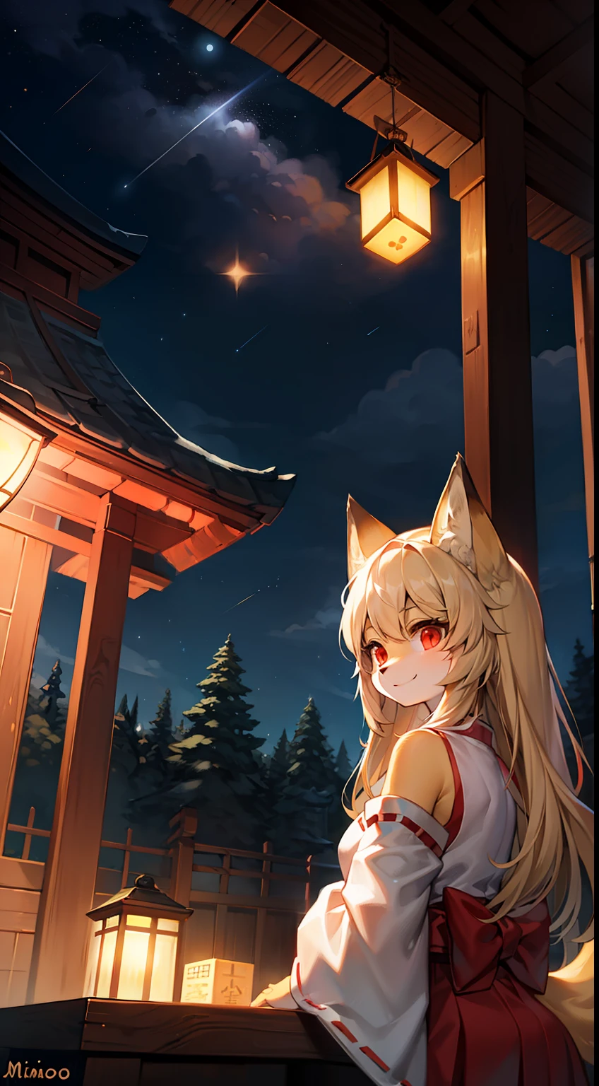 girl fox，was hairy，Golden fur，Golden yellow face fur,long  hair， Cinematic lighting，Red eyes，Super cute face，Brown elements on fur，miko，Beautiful lights and shadows，Ambient light，Ultra-fine fur，Volumetric light，Night,Clouds and stars in the sky,The sky outside is starry ,Meteor,natural day light，Smile with，Fluffy tail，Shrine background