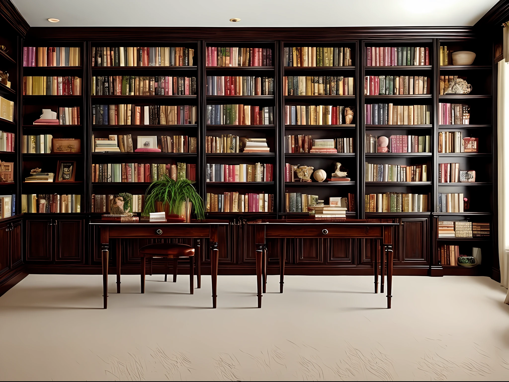 Hollywood Glam Interior Design Style, home office with a hyperrealistic touch, carpet, plants, bookshelves, (colorful books), dark wood color schemes, close-up, stunning interior design.
