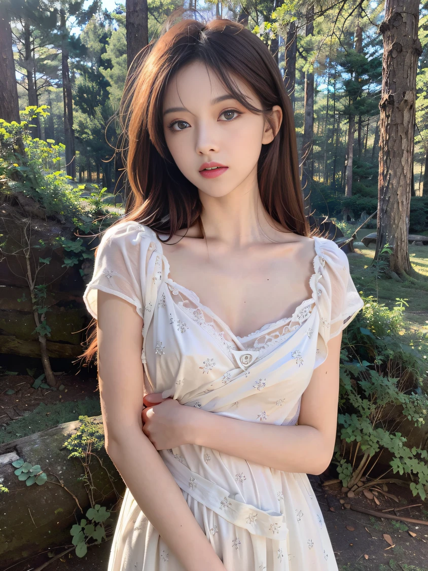 ，masterpiece, Best quality，8K, ultra-highresolution，(beautifull eyes:1.5)， ((Medium view，Upper Bust:1.5))，In a quiet forest，Sunlight shines on the lake through the dense foliage，Form mottled shadows。A gentle goddess stands by the lake，She wore a soft white dress，Long hair flutters in the wind。