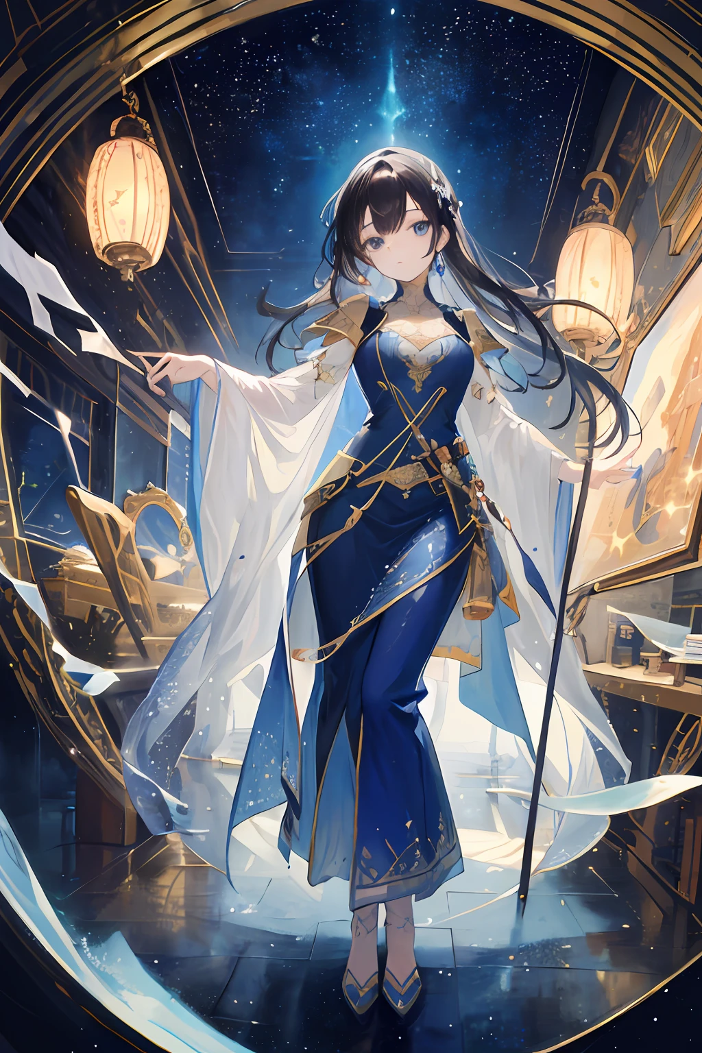 (Masterpiece: 1.2, highest quality), (Best lighting, very delicate and beautiful), (Best lighting, very delicate and beautiful), (Beautiful detailed face), (Detailed eyes and detailed face: 1.2), highest quality, ultra high resolution, ultra-luxury illustration, fantasy art, 1 girl standing in a semicircular glass dome and looking up at the starry sky, , full body, wide lens, black hair, high angle shot, telescopegalaxies, with stars, (detailed painting: 0.174), (detailed painting), magnificent, cosmic, cute, natural face, natural face,