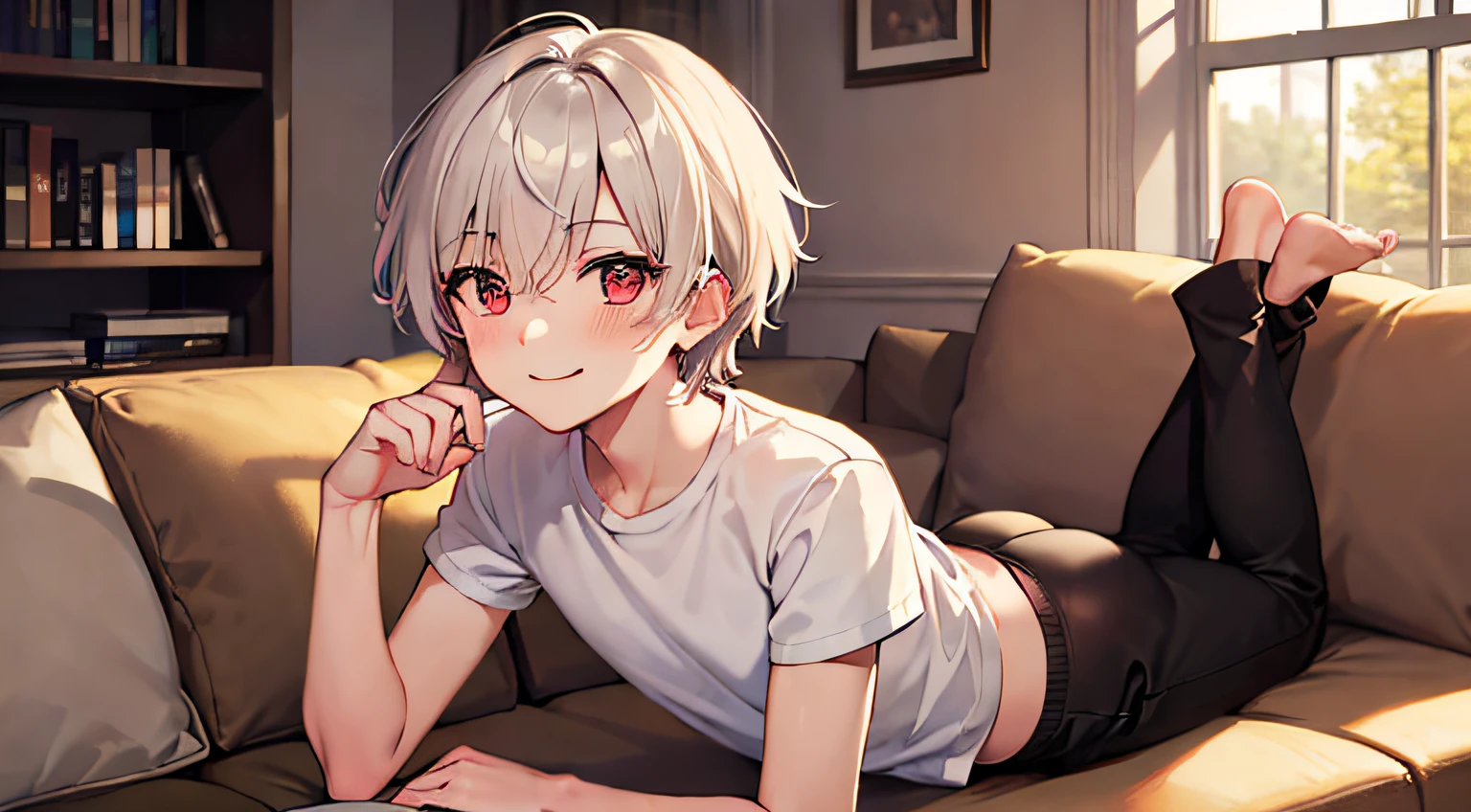((masterpiece)),(((best quality))), (high-quality, breathtaking),(expressive eyes, perfect face), 1boy, solo, male, short, young, small boy, short white hair, red eyes, smiling, shirt long, black small underwear, in the living room, sit on beige sofa, look at viewer, ass focus, blush