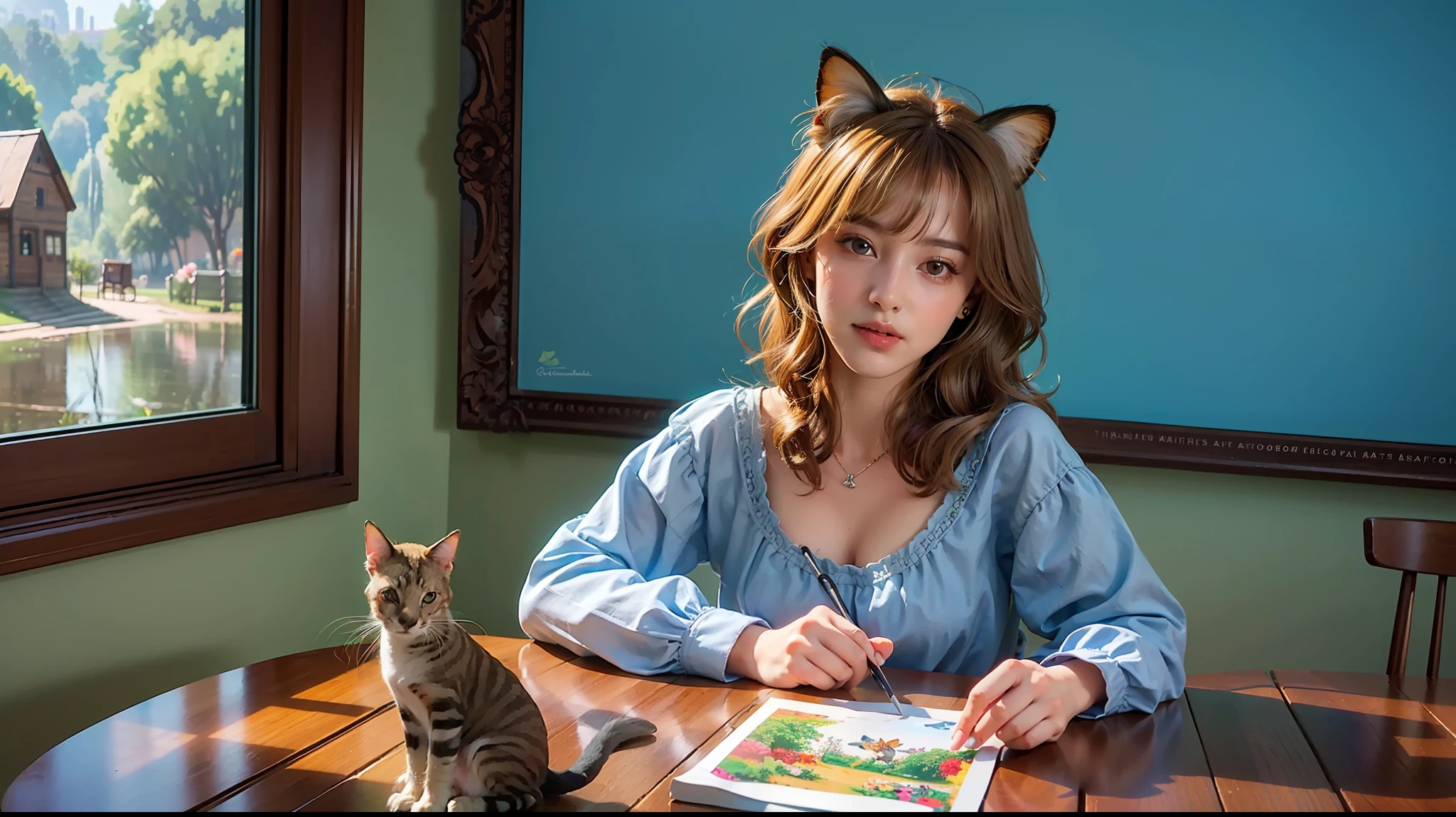 (obra maestra, mejor calidad), 1 elf girl with long white hair sitting in a field of green plants and flowers, ((mariposas multicolores)), con la mano debajo de la barbilla, warm lighting, vestido blanco, primer plano borroso, ((perro color canela detras de la escena))