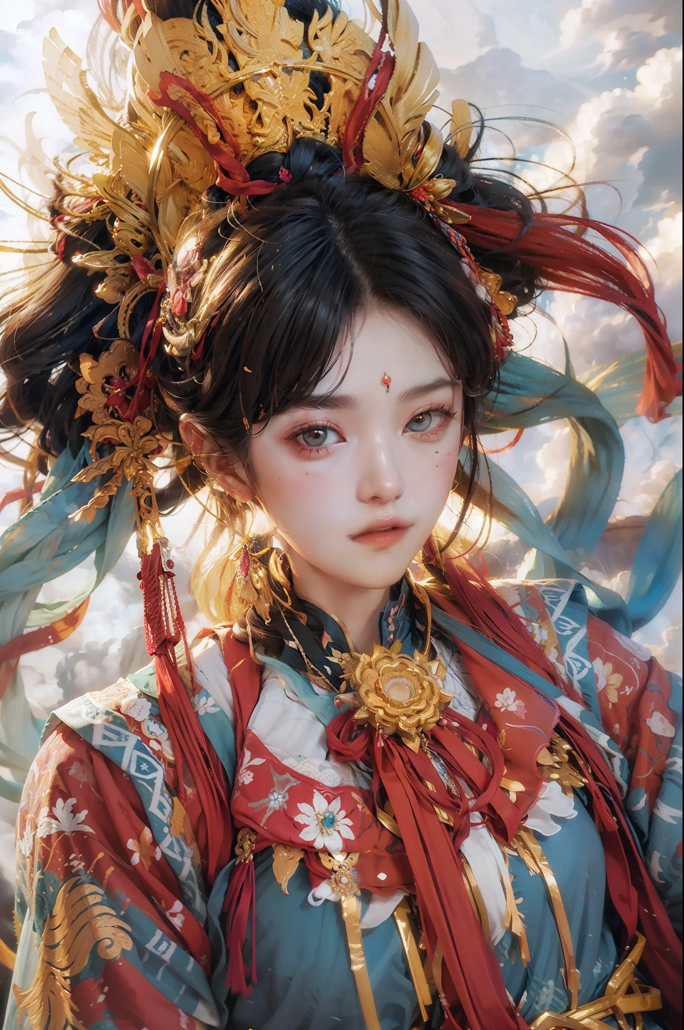 (((White Cloud Background))), (((High Saturation))), ((Surrounded by Color Splashes)))) Ultra Detailed, Beautiful and Aesthetic, Masterpiece, Best Quality, (Zentangle, Mandala, Tangled, Entangle), (Fractal Art: 1.3), 1girl, Very Detailed, Dynamic Angle, Cowboyshot, Most Beautiful Forms Chaotic, Elegant, Fauvist Design, Bright Colors, Romanticism, Michal Mraz, Adrian Ghenny, Petra Courtwright, atmospheric, ecstatic notes, flow notes visible