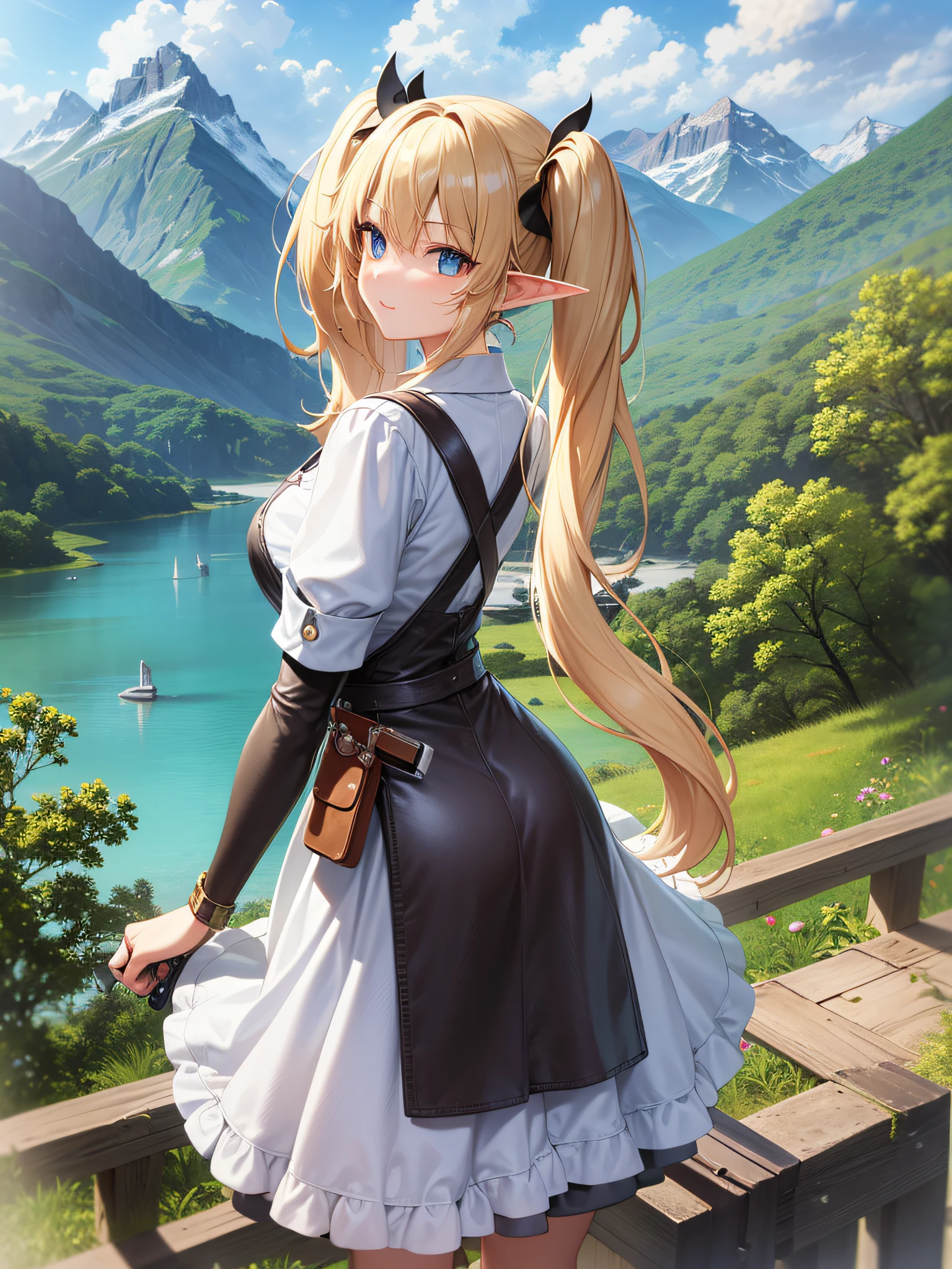 elvish, enmaided, solo, fully body, Rear view, platinum-blonde,twintails, Blue eyes, Green Apron Dress, Leather Pouch, Holding the rangefinder camera, Shooting scenery with majestic mountains and lakes