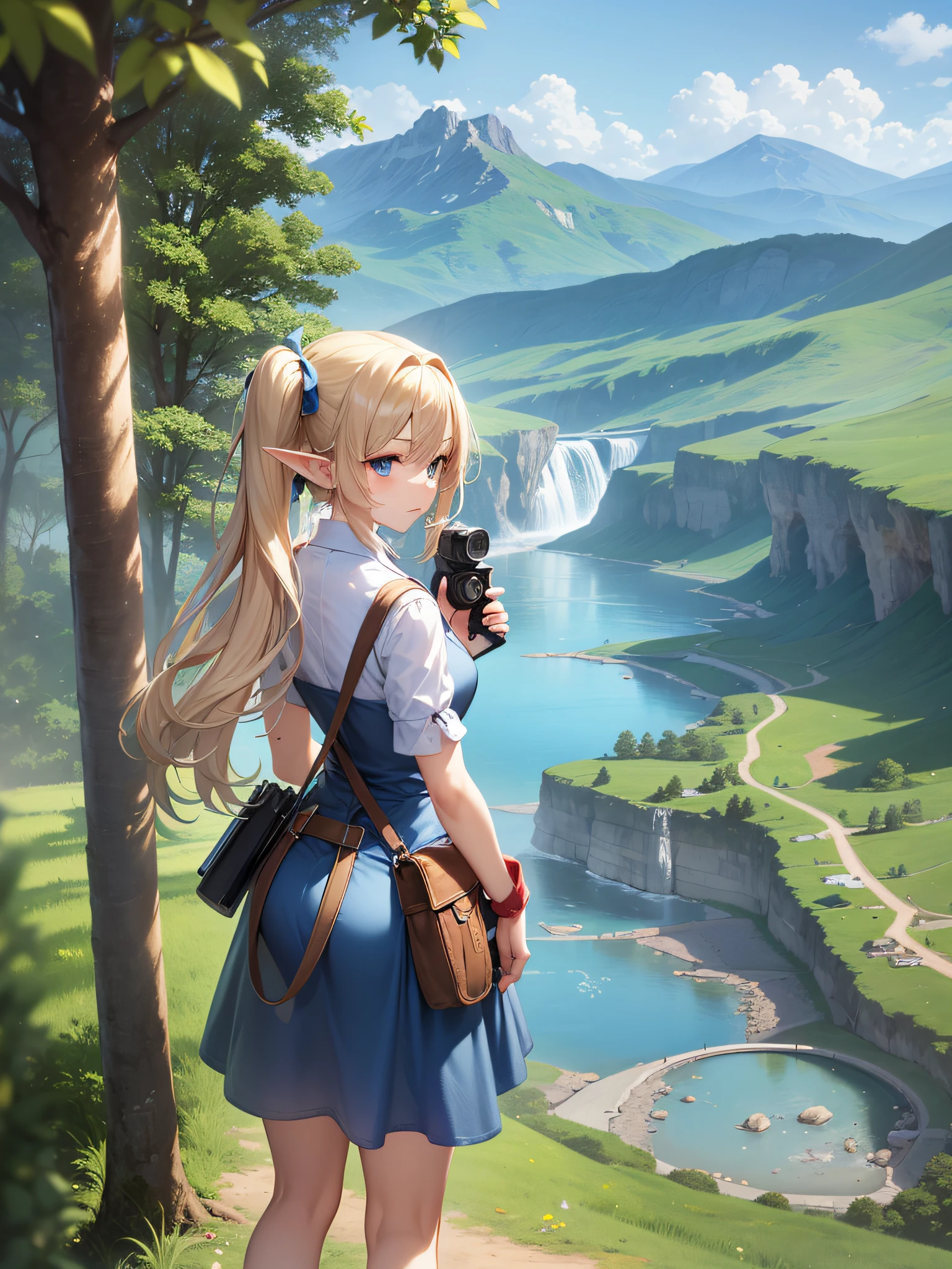 elvish, enmaided, solo, fully body, Rear view, platinum-blonde,twintails, Blue eyes, Green Apron Dress, Leather Pouch, Holding the rangefinder camera, Shooting scenery with majestic mountains and lakes