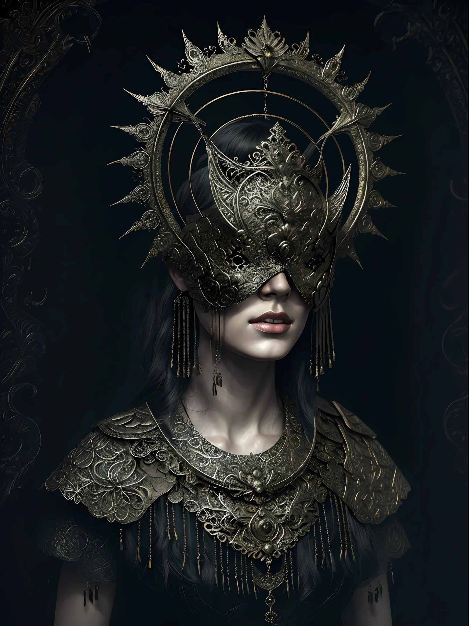 portrait, a woman wearing a halo blind mask, necklace, tone mapped, detailed, highly detailed, digital painting, artstation, concept art, smooth, sharp focus, beautiful illustration, photo, brightly lit, dynamic lighting, fog, intricate, film grain, professional, facing the viewer, OldEgyptAI