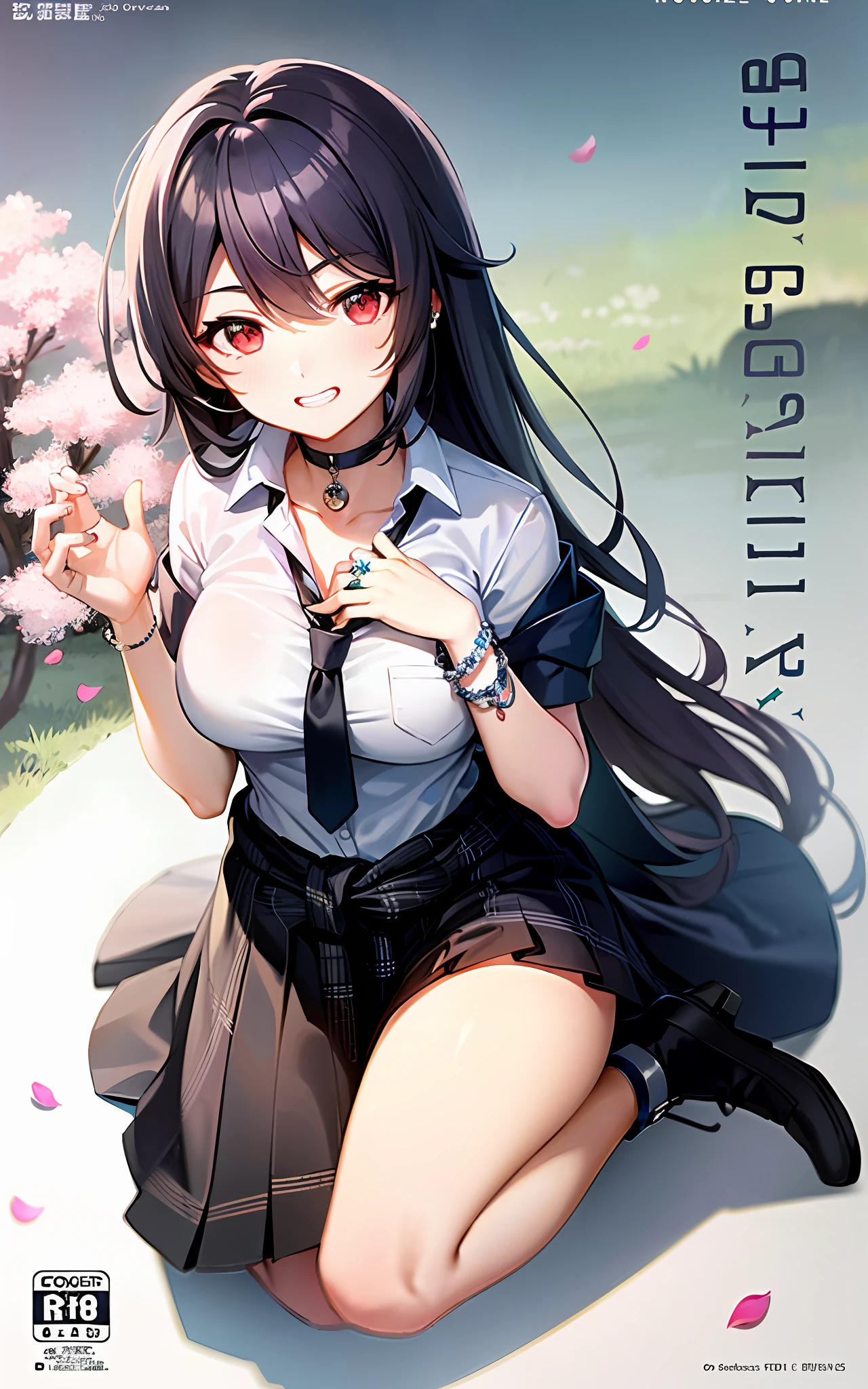masterpiece, best quality, full body, 1girl, bangs, black choker, black necktie, black hair, blue skirt, blush, bracelet, breasts, choker, clothes around waist, collarbone, collared shirt, cowboy shot, dress shirt, ear piercing, eyebrows visible through hair, gradient hair, grin, gyaru, jewelry, kogal, long hair, looking at viewer, loose necktie, necktie, piercing, plaid, plaid skirt, pleated skirt, red eyes, ring, school uniform, shirt, skirt, smile, solo, white shirt, street, sky, cherry blossoms, petals,illustration, (magazine:1.3), (cover-style:1.3), fashionable, woman, vibrant, outfit, posing, front, colorful, dynamic, background, elements, confident, expression, holding, statement, accessory, majestic, coiled, around, touch, scene, text, cover, bold, attention-grabbing, title, stylish, font, catchy, headline, larger, striking, modern, trendy, focus, fashion,