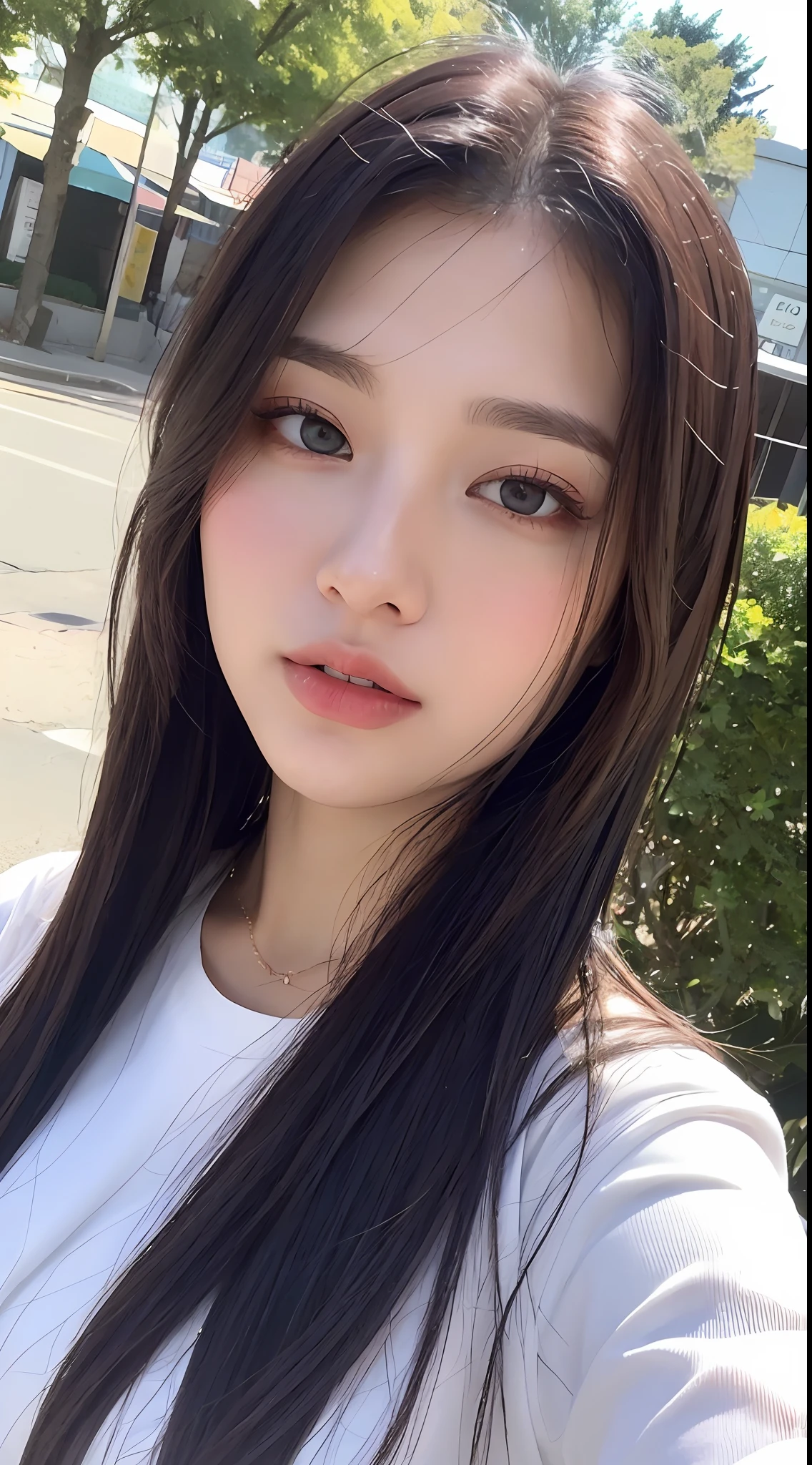 ((Best Quality, 8K, Masterpiece: 1.3)), Sharp: 1.2, Perfect Body Beauty: 1.4, Slim Abs: 1.2, ((Layered Hairstyle, Big Breasts: 1.2)), (Wet White Button Long Shirt: 1.1), (Rain, Street: 1.2), Wet: 1.5, Highly detailed face and skin texture, detailed eyes, double eyelids, side face looking at the camera
