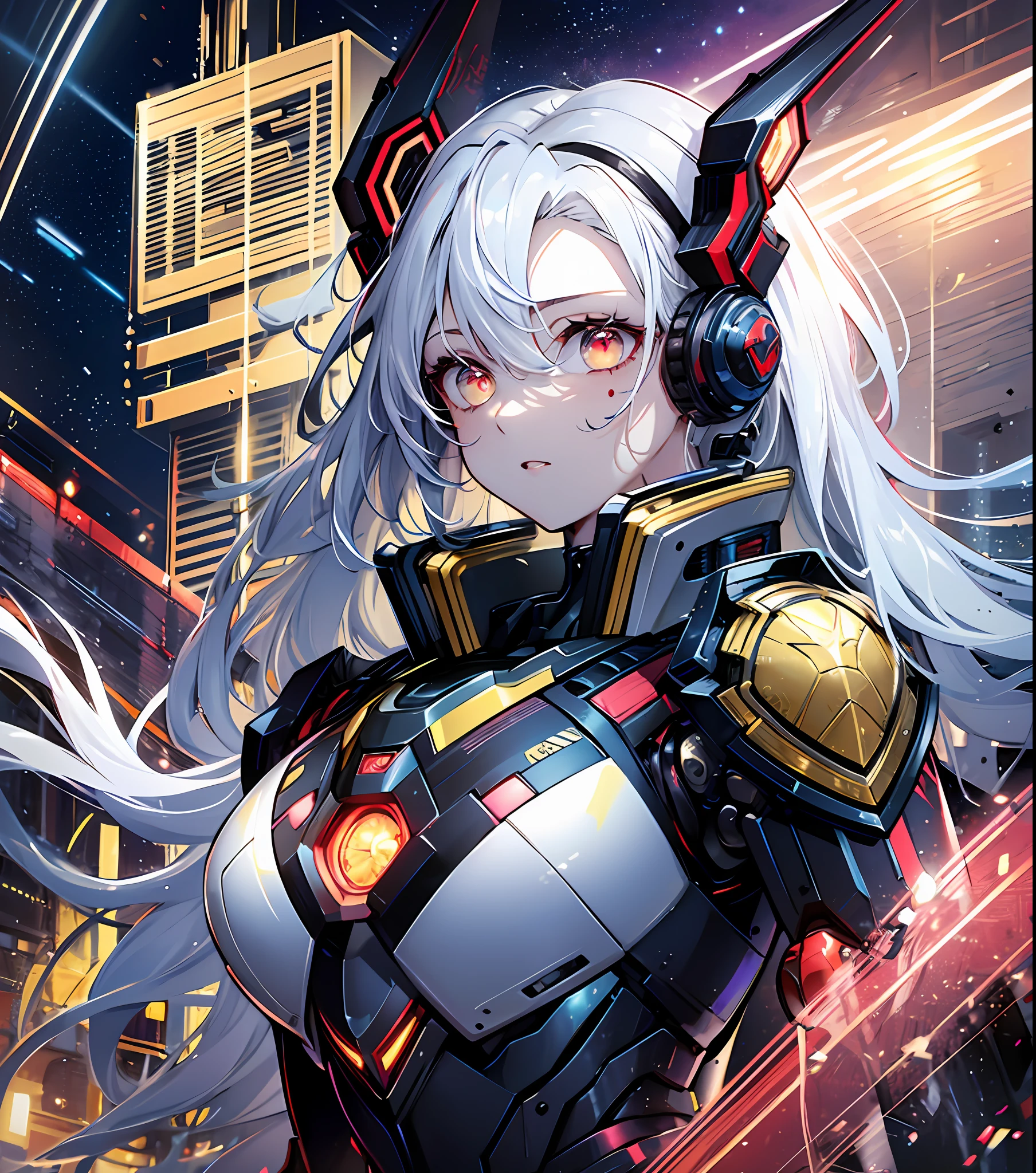 masterpiece, best quality, ultra-detailed, very detailed illustrations, extremely detailed, intricate details, high resolution, super intricate details, extremely detailed cg 8k wallpaper, cowboy photo, caustic, reflection, ray tracing, demon, nebula, dark aura, cybernetic effect, (1girl:1. 4), solo, alone, mecha, mechanical parts, robot joints, single mechanical arm, headgear, mechanical halo, star halo, intricate mechanical costume, mecha corset, full armor, white hair, hair between eyes, red eyes, glowing eye, eye trail, random expressions, random action, ancient japanese architecture, lake, starry sky, horizon.