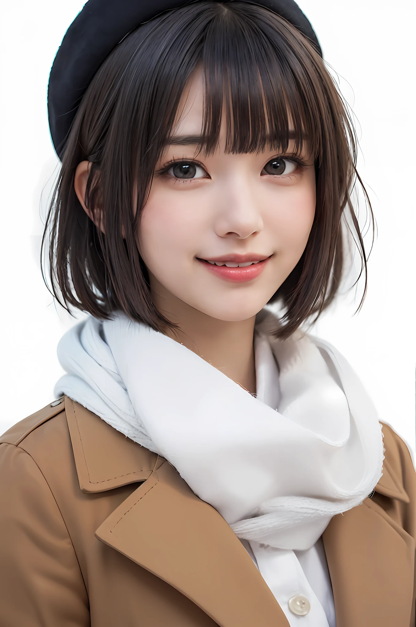 (masterpiece, best quality),1 girl, solo, black hair, scarf, hat, real, real, look at viewer, light colored black eyes, short hair, brown coat, winter clothes, white scarf, lips, bangs, outdoors, closed mouth, upper body, big eyes, eyelashes, (((really nothing background, really pure white background)), (short hair with bangs, big eyes, big breasts, staring at the viewer, beautiful beauty, Ears out, long neck, smile a little, close your mouth and smile))),