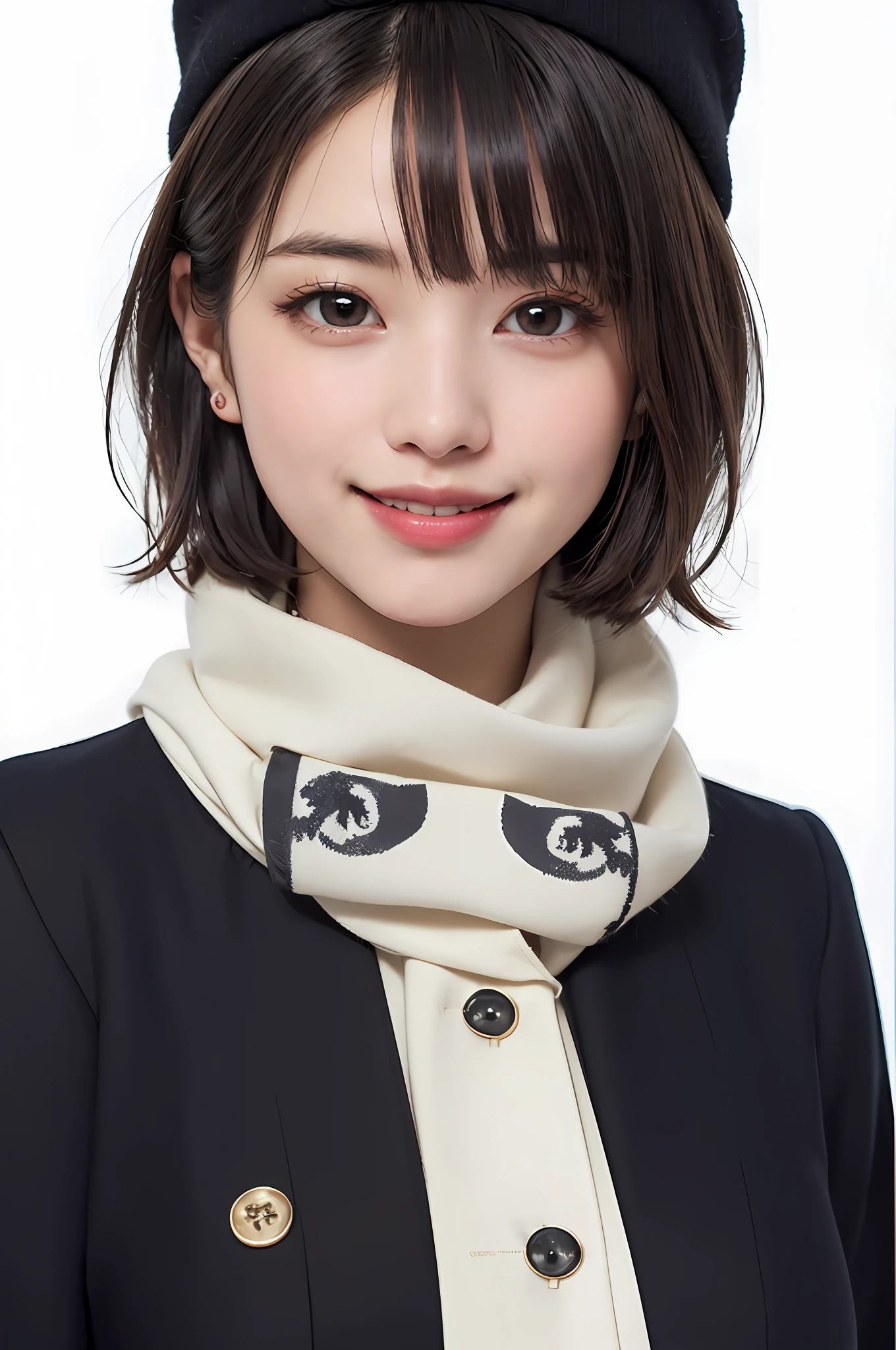(masterpiece, best quality),1 girl, solo, black hair, scarf, hat, real, real, look at viewer, light colored black eyes, short hair, brown coat, winter clothes, white scarf, lips, bangs, outdoors, closed mouth, upper body, big eyes, eyelashes, (((really nothing background, really pure white background)), (short hair with bangs, big eyes, big breasts, staring at the viewer, beautiful beauty, Ears out, long neck, smile a little, close your mouth and smile))),