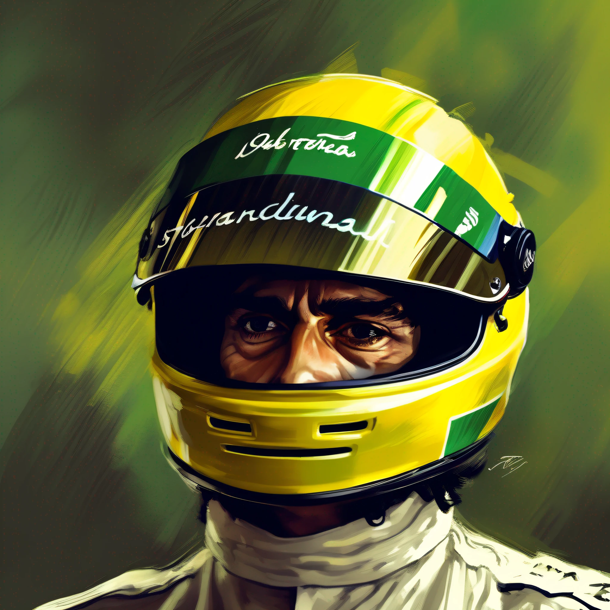 close portrait of Ayrton Senna, wearing his traditional green and yellow Formula 1 helmet, wearing his typical Formula 1 uniform, dramatic lighting, Escuro, ilustração de Greg rutkowski, Yoji Shinkawa, 4k, Arte Digital, arte conceitual, trending on ArtStation