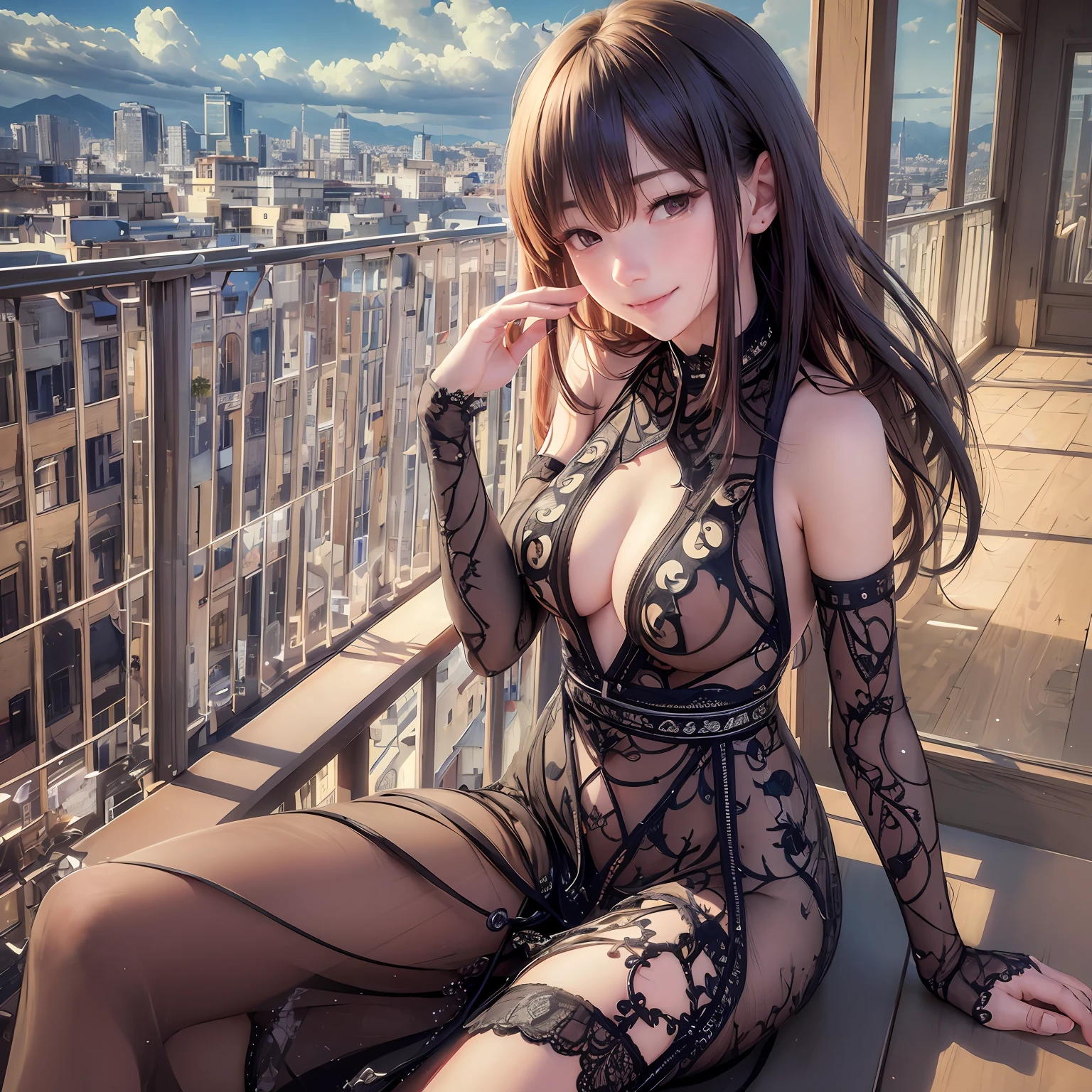 tokisaki kurumi, date a live, naughty smiling face, sit on table, black ghotic dress, biting finger, beauty golden hour view on window, pov on below, half clock eyes, black long hair, big breast, try to undress pose --auto