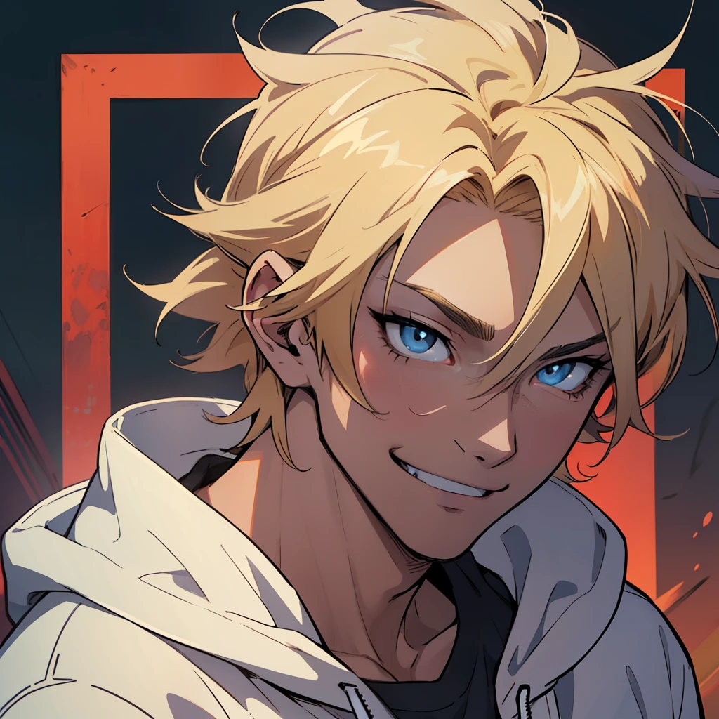 ((masterpiece)), ((best quality)), ((anime profile style)), ((HD 4k)), ((anime character)), ((male face)), boy, light skin tone , happy, smile, eyes, eyelid, pupil, sclera, iris, eyebrow, ear, messy straight hair, sweatshirt, background scenery