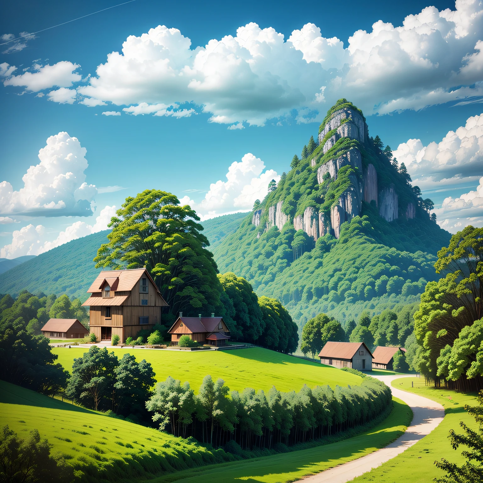 a oil painting on canvas a panoramic view of beautiful and colorful rocky path any travelers home towards a little white house with a gorse roof at the edge of the road, any travelers, with blue mountains in background in front colorful red yellow and white roses, very sunny day with some white clouds, impressionist colors, harmonic colors --auto