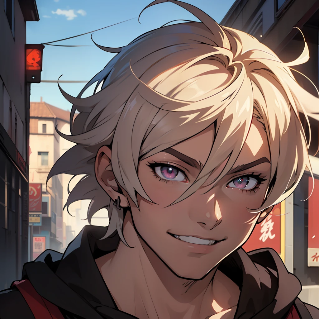 ((masterpiece)), ((best quality)), ((anime profile style)), ((HD 4k)), ((anime character)), ((male face)), boy, light skin tone , happy, smile, eyes, eyelid, pupil, sclera, iris, eyebrow, ear, messy straight hair, sweatshirt, background scenery