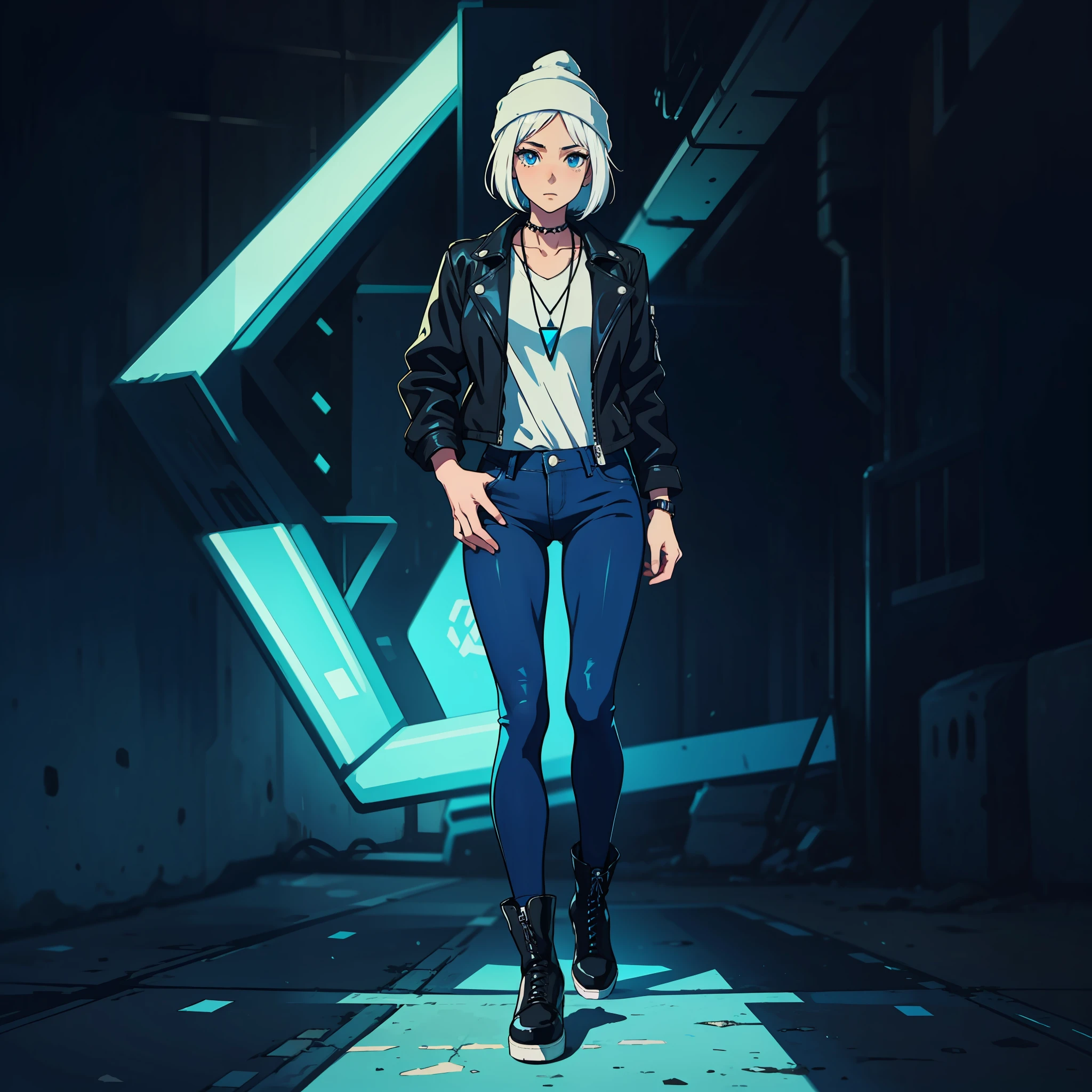 Anime girl with short white hair wearing a white beanie, wearing a blue necklace, blue eyes, wearing a black leather jacket, wear tight jeans, wearing punk accessories, Wearing black boots with blue laces, single character full body, full body portrait, anime full body, cyberpunk background