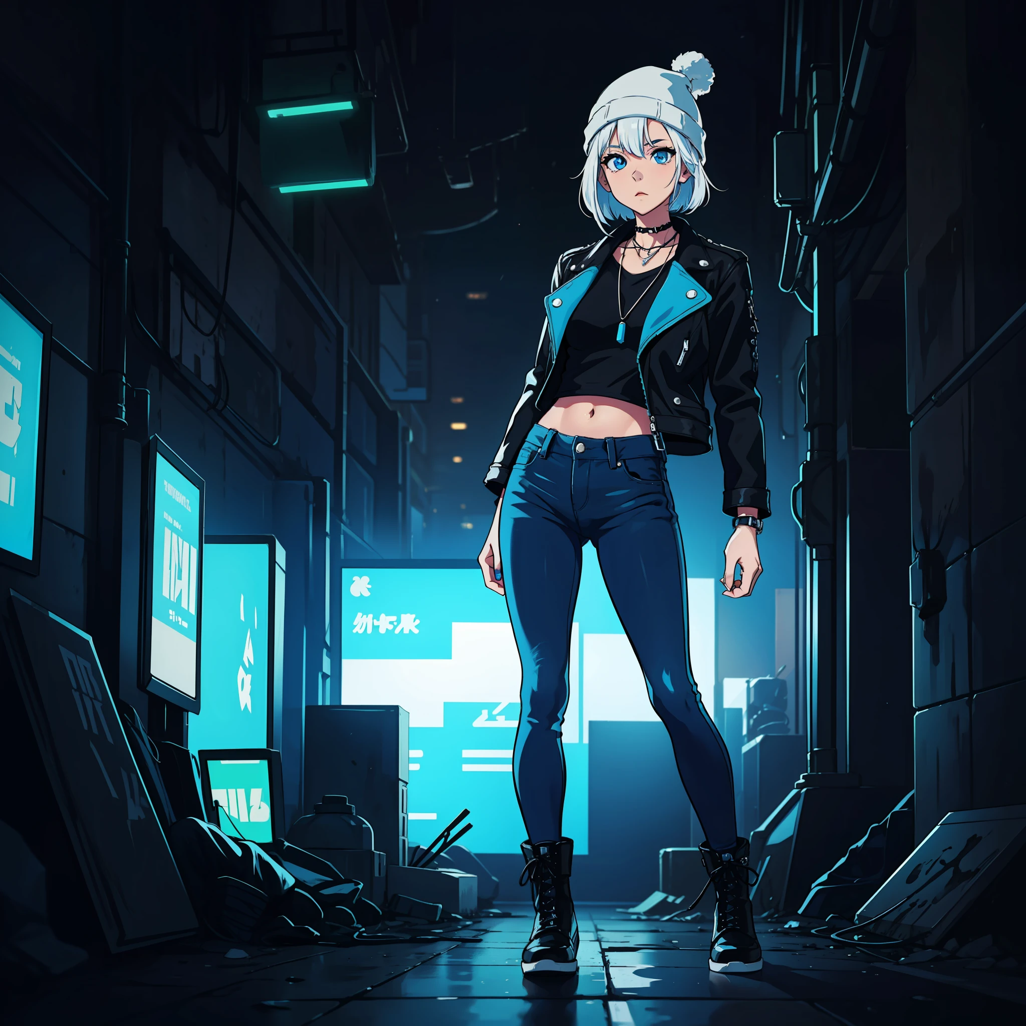 Anime girl with short white hair wearing a white beanie, wearing a blue necklace, blue eyes, wearing a black leather jacket, wear tight jeans, wearing punk accessories, Wearing black boots with blue laces, single character full body, full body portrait, anime full body, cyberpunk background