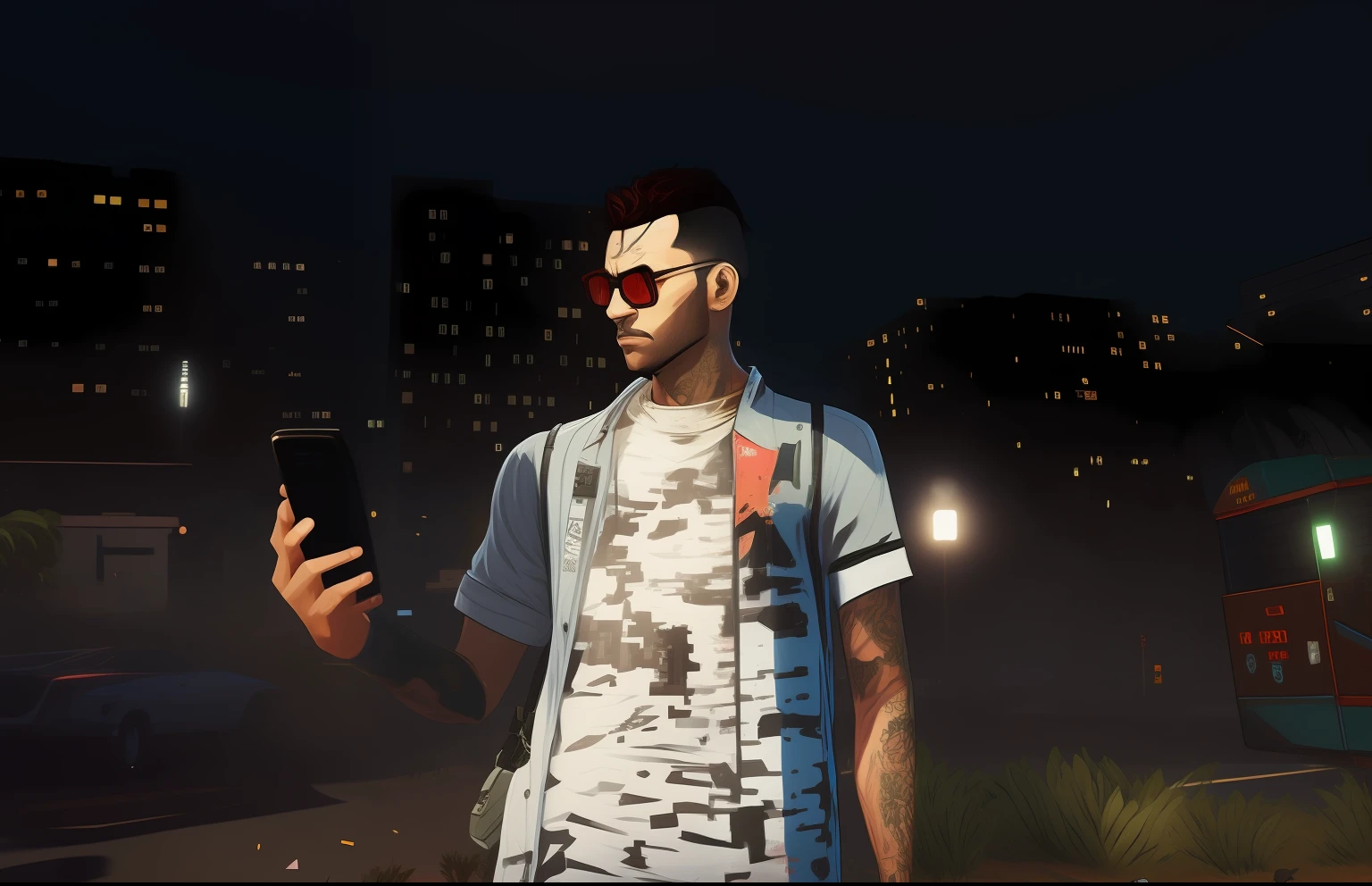 there is a man standing in a city at night using a cell phone, gta personagem, como um personagem de gtav, gta v street style, Estilo de GTA V, Cyberpunk Rua Goon, gta v personagem, gta5 estilo, gta 6 estilo, gta 5 tom de pele, 2 k aesthetic, em uma cibercidade, Como o protagonista de GTA 5, cyber punk setting, desenhado