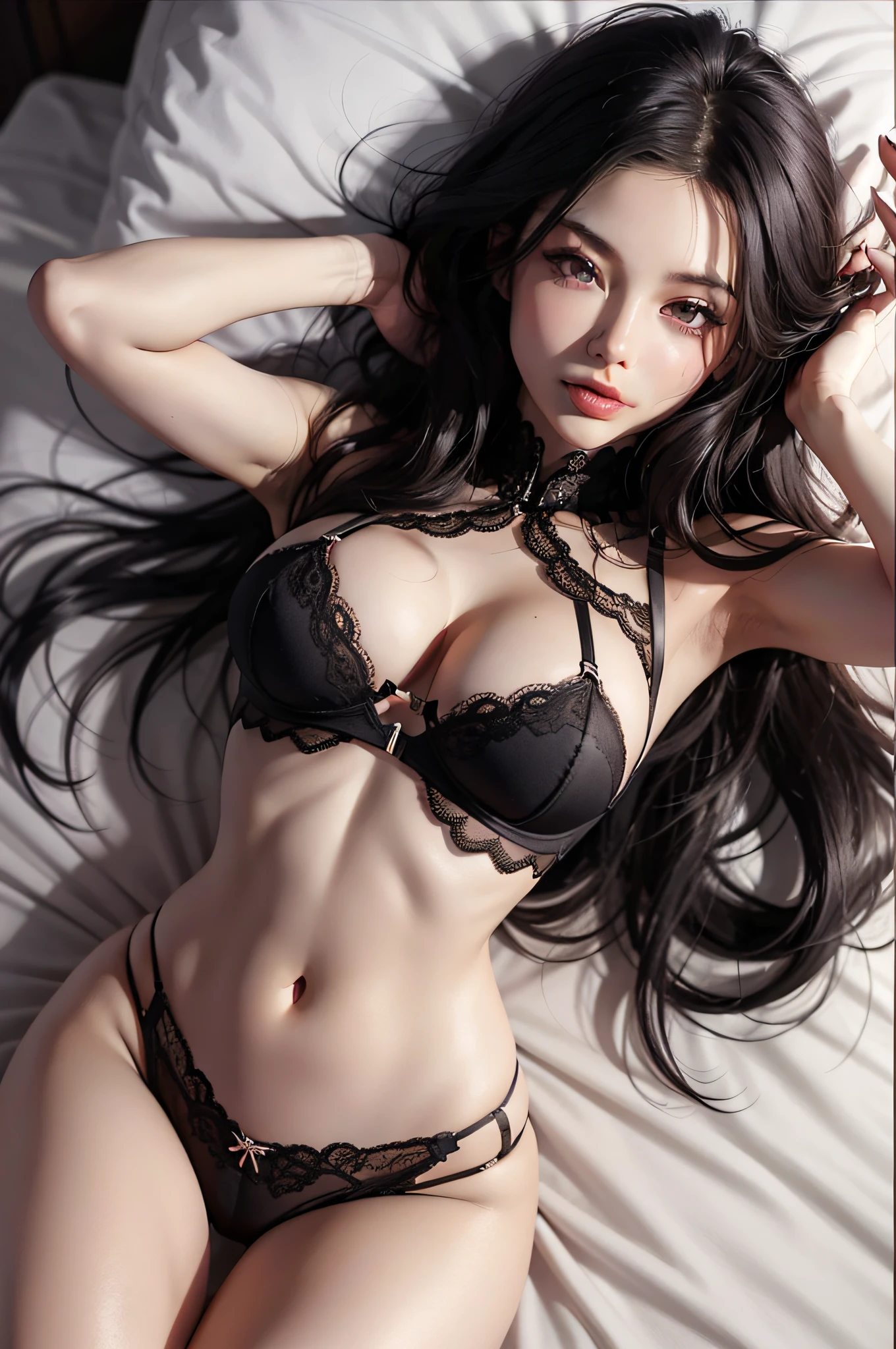 Attractive young woman with long black hair、Ultra-thin see-through underwear、Slim and toned waist、Burst breasts、The crotch is wide open、You can see the shape of the tips of the、areola showing through、The pubic area can be seen through clearly、Underwear that sticks to the skin through、Sleeping in bed