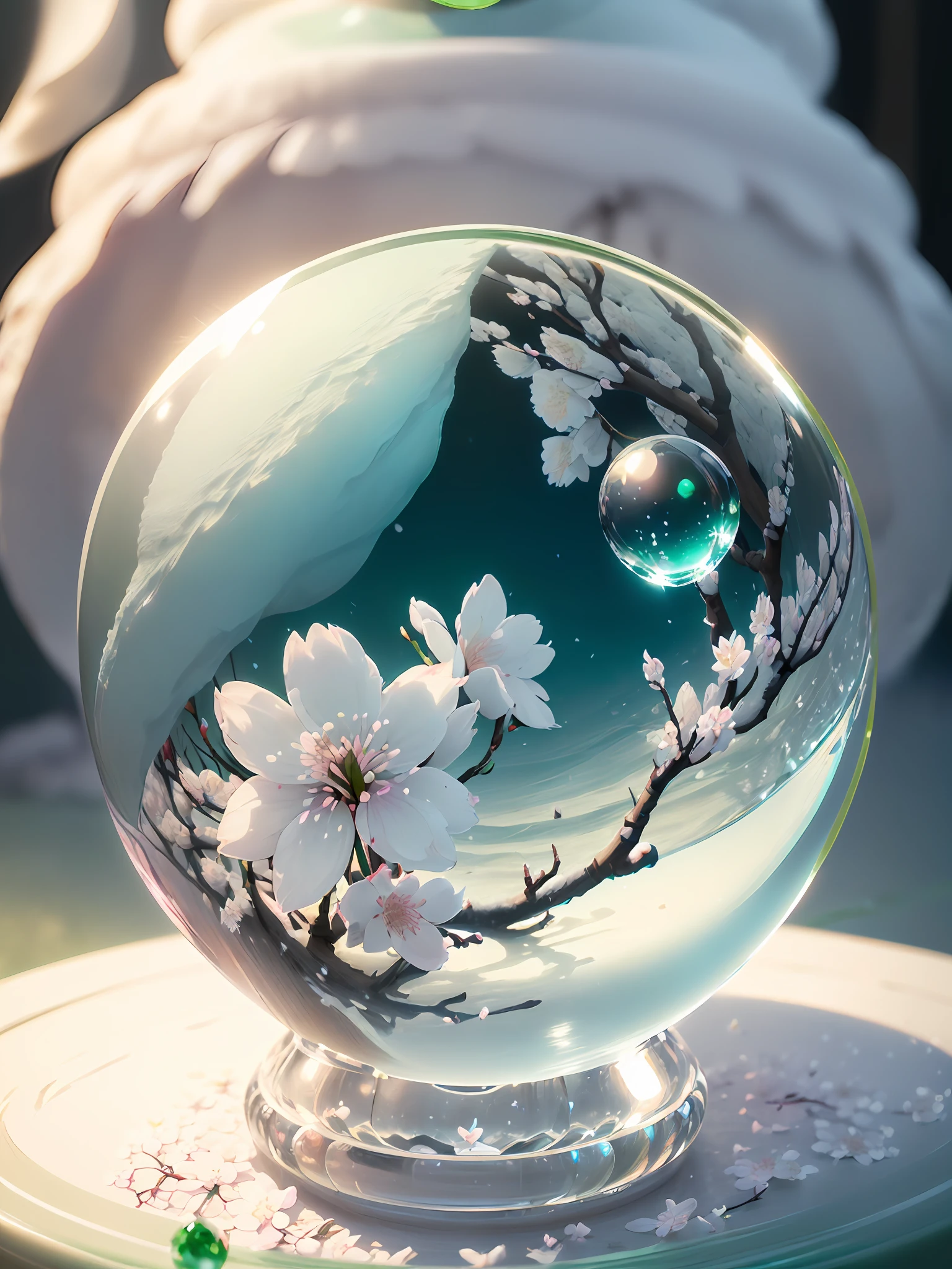 Hyper-realistic、16K High Resolution、(Maximum Sharp Focus:1.3)、(Maximum Close-up:1.5)、(Enlarged white cherry blossoms trapped in a crystal ball with a pedestal on a table:1.7)、(White fog、Green leaves、White snow、blue back light、Harsh winter:1.5)、