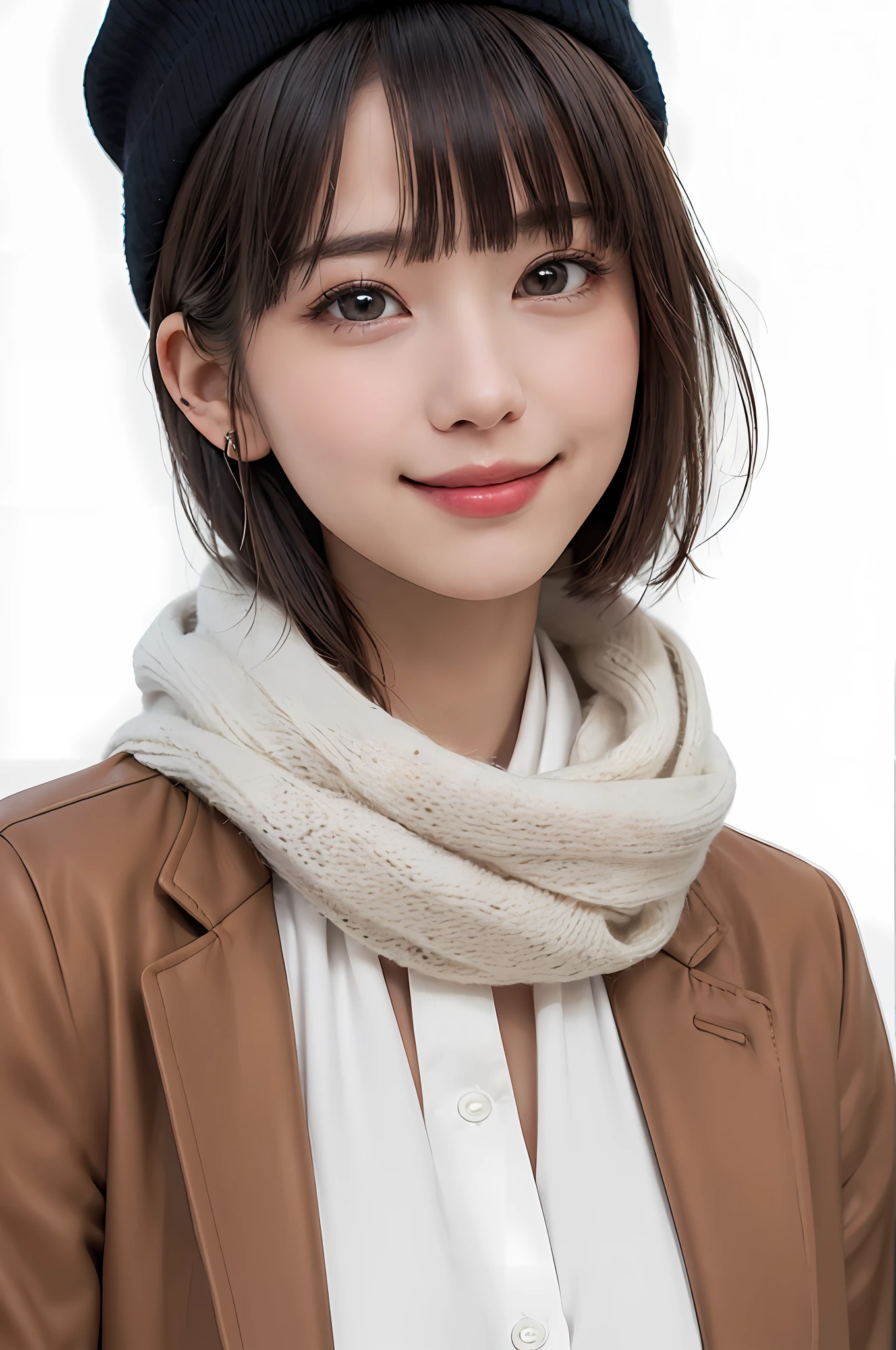 (masterpiece, best quality),1 girl, solo, black hair, scarf, hat, real, real, look at viewer, light colored black eyes, short hair, brown coat, winter clothes, white scarf, lips, bangs, outdoors, closed mouth, upper body, big eyes, eyelashes, (((really nothing background, really pure white background)), (short hair with bangs, big eyes, big breasts, staring at the viewer, beautiful beauty, Ears out, long neck, smile a little, close your mouth and smile))),