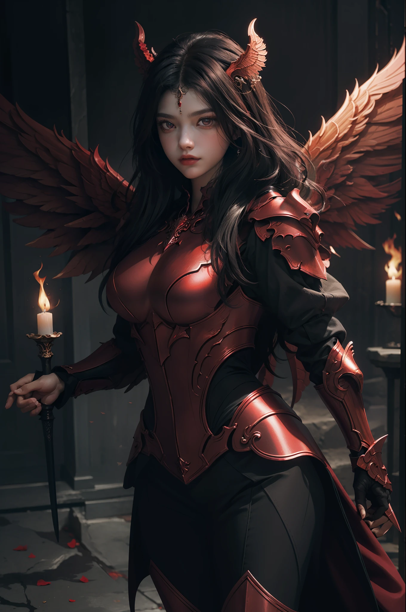 (extremely detailed CG unity 8k wallpaper,masterpiece, best quality, ultra-detailed, beautiful detailed eyes:1.2),best illumination, (best shadow, an extremely delicate and beautiful, bloom),
1gril,solo,red eyes,Heavy armor,long hair,holding sword,Angel wings,black wings,red jewelry,(big wings:1.4),Film filter,Satan, Hellfire,full body,demon,flame,