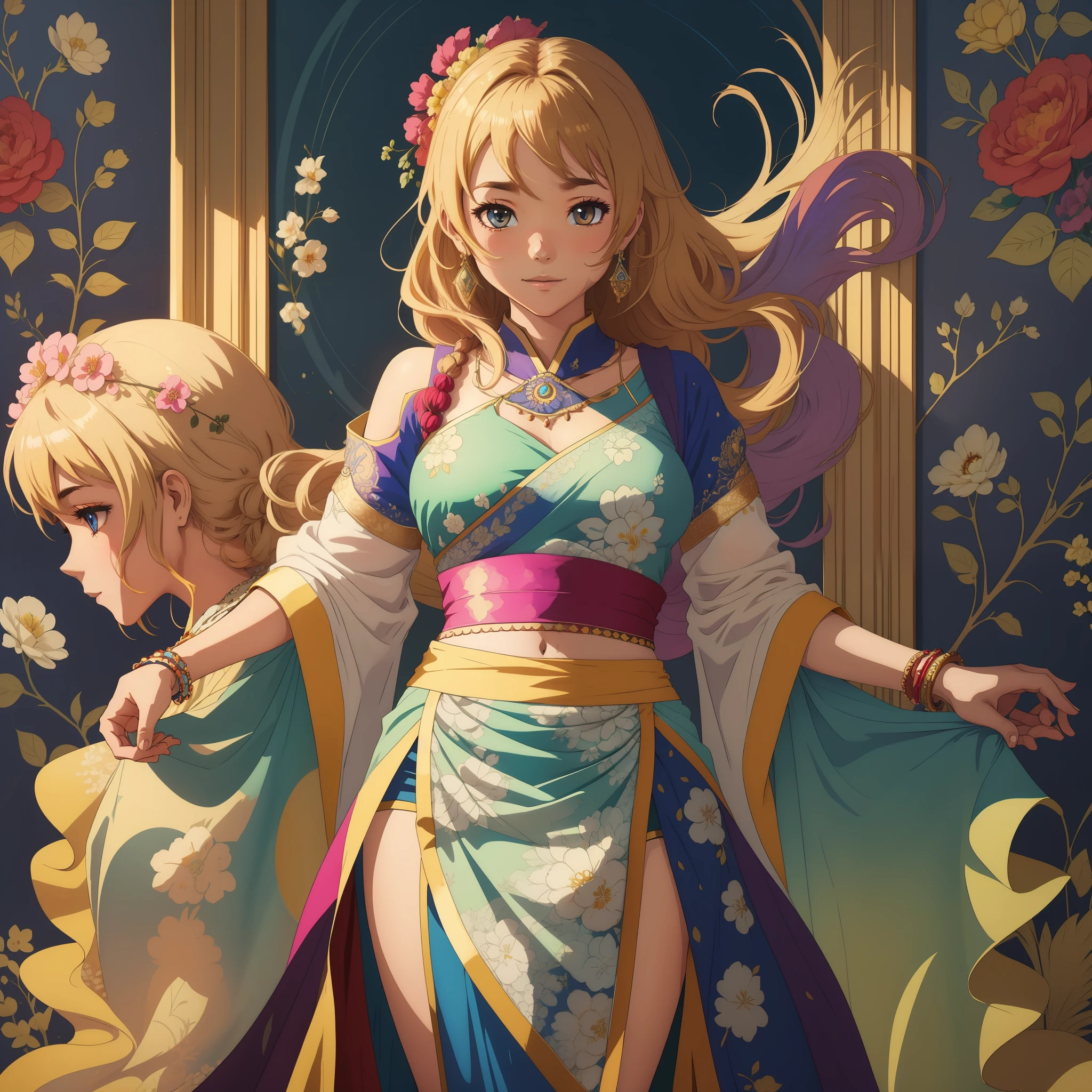 This beautiful artwork depicts Kaori Miyazono, the main female protagonist of the anime “Your Lie in April,” wearing a stunning Indian dress. The artwork captures Miyazono’s grace and charm, as she stands in a confident and poised posture, emanating an air of elegance. The Indian attire is vibrant and colorful, with intricate details such as embroidery and beadwork. The dress features a flowing skirt, and the fabric drapes elegantly over Miyazono’s slender frame. The artwork showcases Miyazono’s beauty in a unique and captivating way, combining the traditional Indian dress with her charming persona. The background features vibrant patterns and colors, completing the overall aesthetic. This artwork celebrates the beauty and diversity of cultural styles and pays tribute to the beloved character of Kaori Miyazono