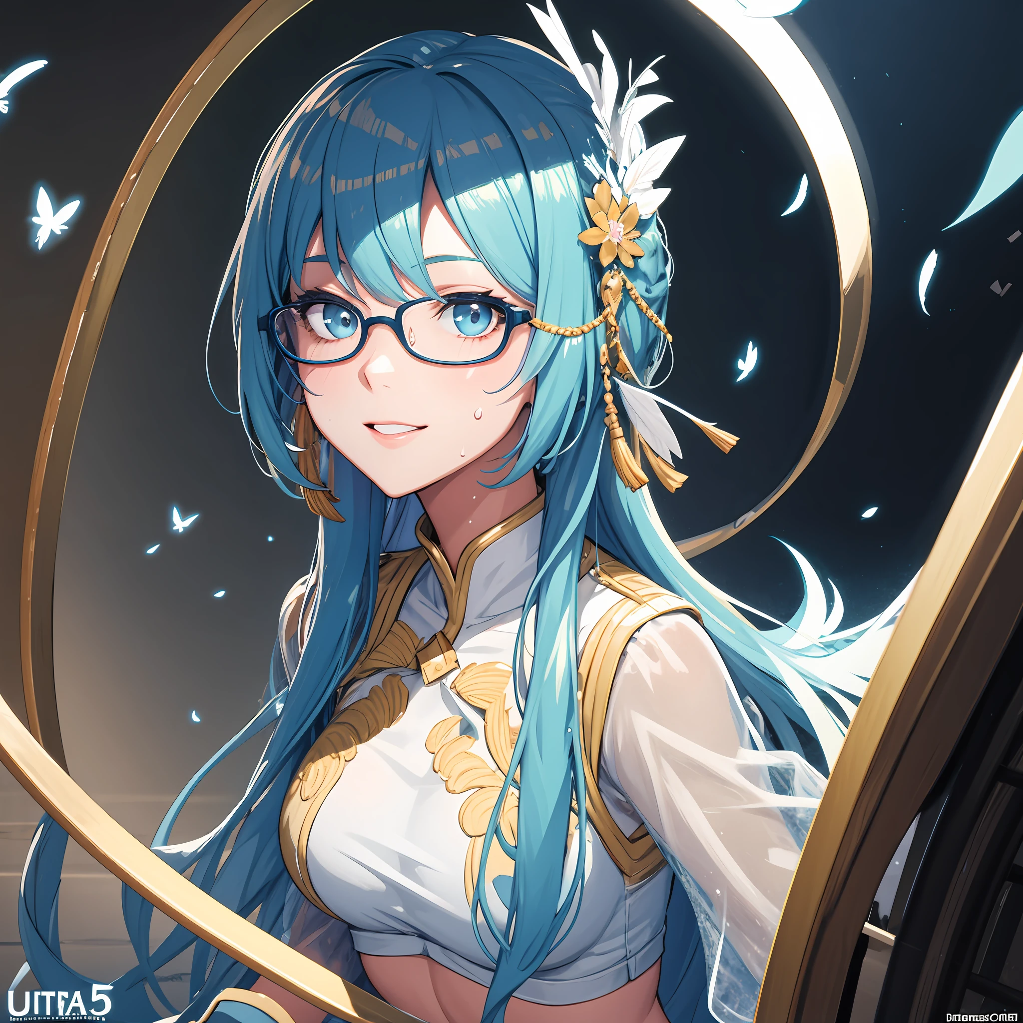 (masterpiece), (best quality), (ultra detailed),(disheed hair),(illustration), (1girl), (Fashionable clothing), standing, Fashion model, looking at viewer, (interview), (simple background),beautiful detailed eyes,Delicate beauty,afloat,(high saturated),(Colorful splashes),Colorful bubbles,(shine),Focus on the face,pony-tail,Ayaka Kamisato,lightblue hair,hair bangs,Hair rings,Floating flowers,floating hair,(shiny),Optimal Lighting,best shadow,(lady eye glass: 0.5)(heavy metal eye glass:0.2 )glossy lips,boobs shot:0.8 , video game , little sweat:0.5,wet clothes are slightly transparent :0.3 (sit single sofa : 0.1)(drunk face flushed:0.6)(holding a folding fan with colorful detial feather )(fluorescent clothing)(right index finger touch lips:0.6)(hand behind head:0.2), (one eye wink:0.8) (Detailed rich feathered belt)(star mark on face: 1.5) (perfect face:1.5) (1 girl:0.6)(two girl:0.1)photorealistic (back wrap skirt)(white and color hair:1.2) ,angel ring on head , sakura skirt,(petal fly:1.1) angel ring on head , silk scarf wrapping flying (show lace panties: 0.7), big eyes, (Busty boobs:0.8) (perfact Busty boobs : 0.5), shadow on body,lifted up , (moon and many star in the background), ((look at top)), smiling, (two color hair mix), (dancing), active, best anatomy: 1.6, Unreal Engine 5, best quality, very detailed, detailed background, , Best Anatomy, Illustration, Ultra HD, RAW, (PureErosskin_V1:0.0), (ulzzang-6500-v1.1:0.0), Wildcard Prompt: (Masterpiece), (Best Quality ), ((super detailed)), illustration, (detailed light), cinematic light, cute girl, flying hair, playful smile, light hair, pastel painting, art nouveau, In Full Growth, Cinematic Light, Ultra Detailed, Detailed Face, Realistic Face, Detailed Eyes, Realistic Eyes, Sweet Lips, Bright Smile, ((Flying Hair: 1.1, Sharp focus, handsome, long-legged, thin, professional lighting, rendered eyes, hair accessories, (Asian Idol), architecture, birds and butterflies and bubbles in the air, lower boobs, navel