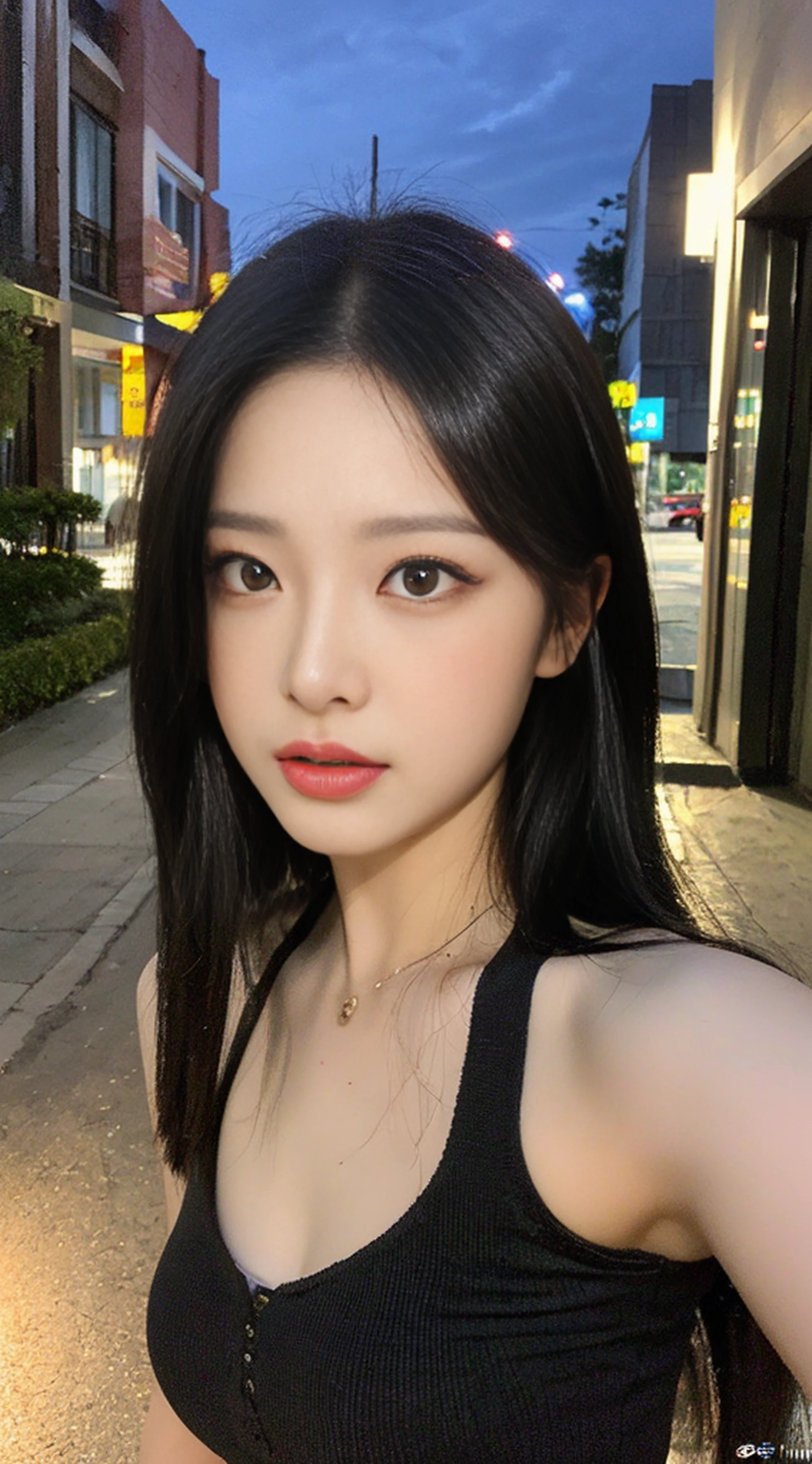 ((Realistic lighting, best qulity, 8K, The Masterpiece:1.3)), sharp fokus:1.2, 1girls, A beauty with a perfect figure:1.4, Slim abs:1.1, ((Dark brown hair)), (Slip dress:1.4）,（out door，at nighttime：1.1），City Street，Ultra-fine face，Fine eyes，Double eyelid，